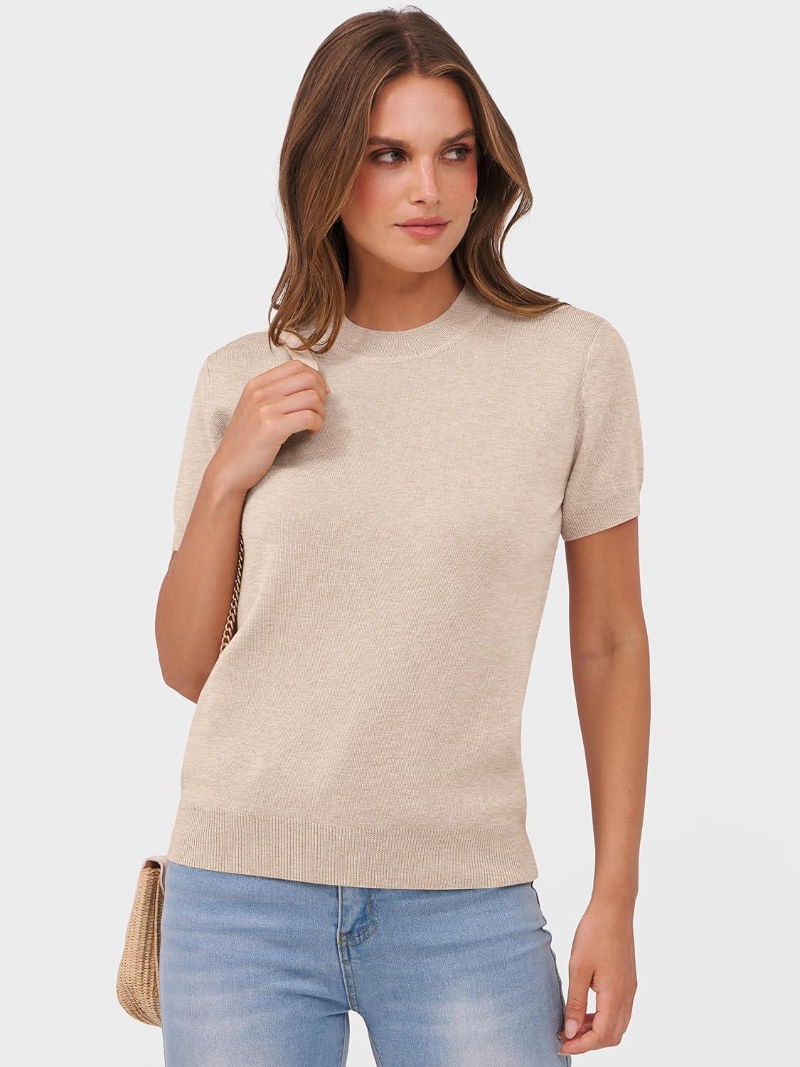 imageANRABESS Womens Short Sleeve Sweaters Wool Blend Crew Neck Sweater Shirts Business Casual Work Tops 2025 Summer OutfitsParchment Beige