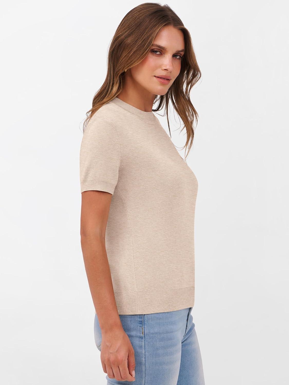 imageANRABESS Womens Short Sleeve Sweaters Wool Blend Crew Neck Sweater Shirts Business Casual Work Tops 2025 Summer OutfitsParchment Beige