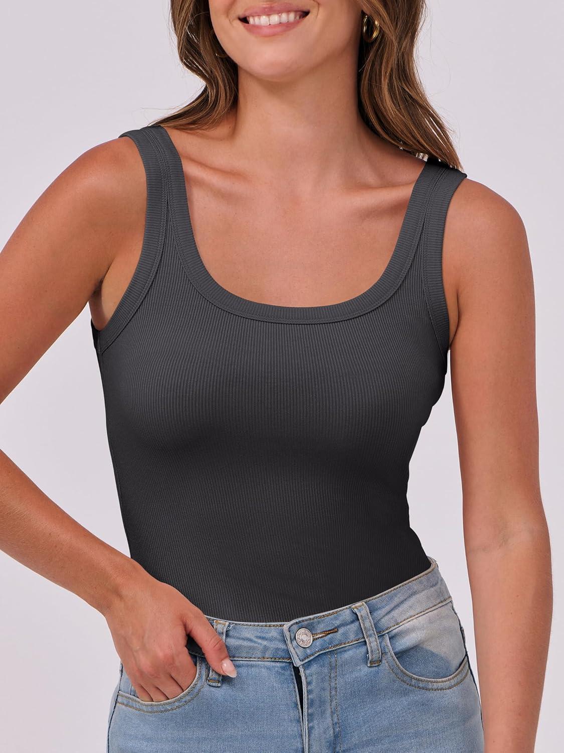 imageANRABESS Womens Sleeveless Scoop Neck Tank Top Ribbed Fitted Summer Basic Slim Cute Tops 2025Charcoal