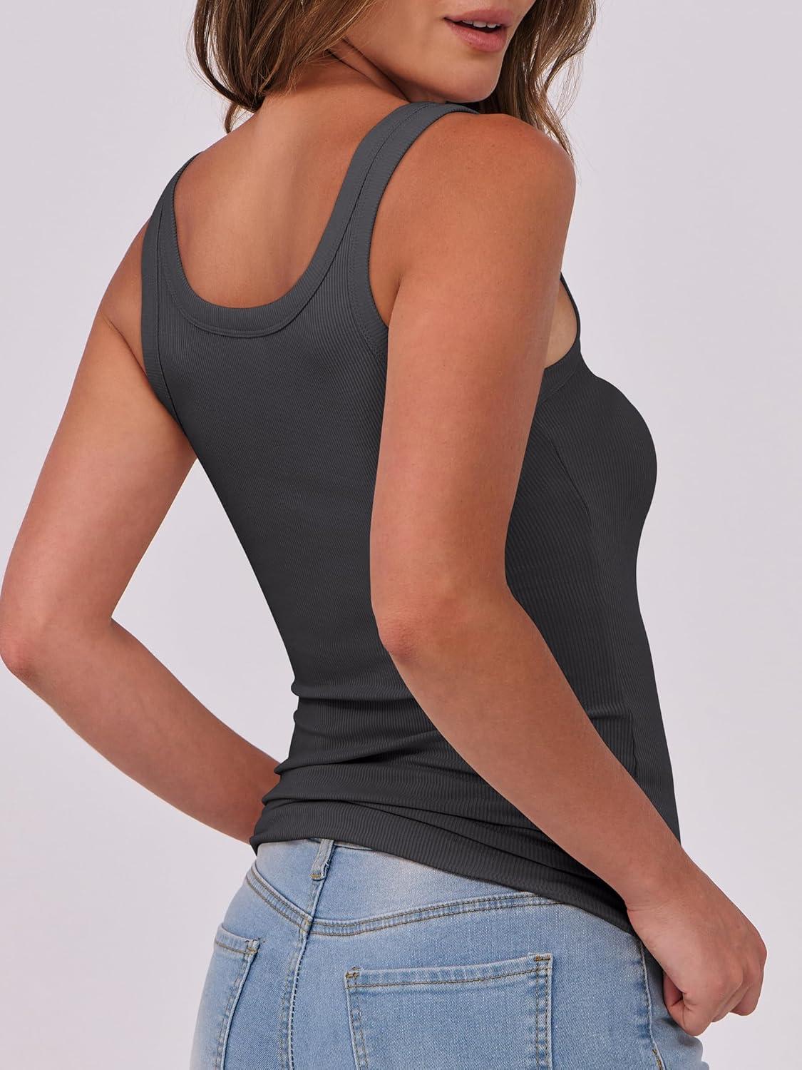imageANRABESS Womens Sleeveless Scoop Neck Tank Top Ribbed Fitted Summer Basic Slim Cute Tops 2025Charcoal