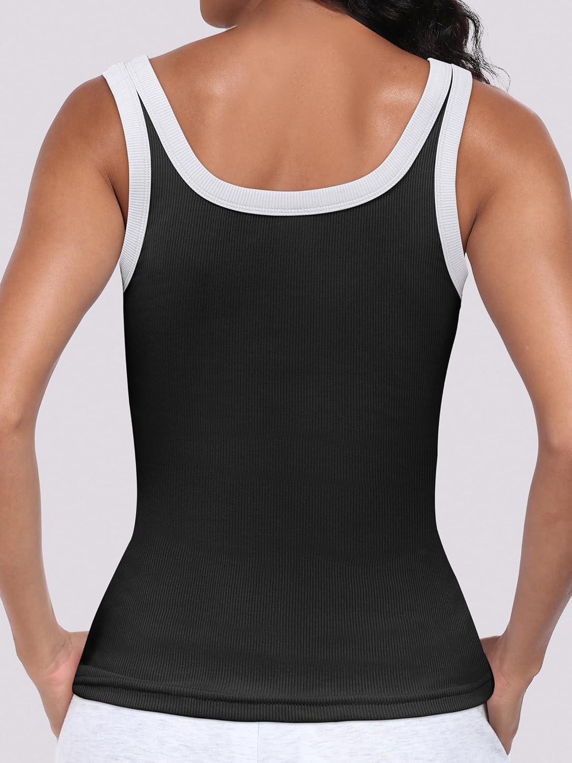 imageANRABESS Womens Sleeveless Scoop Neck Tank Top Ribbed Fitted Summer Basic Slim Cute Tops 2025Color Block Black