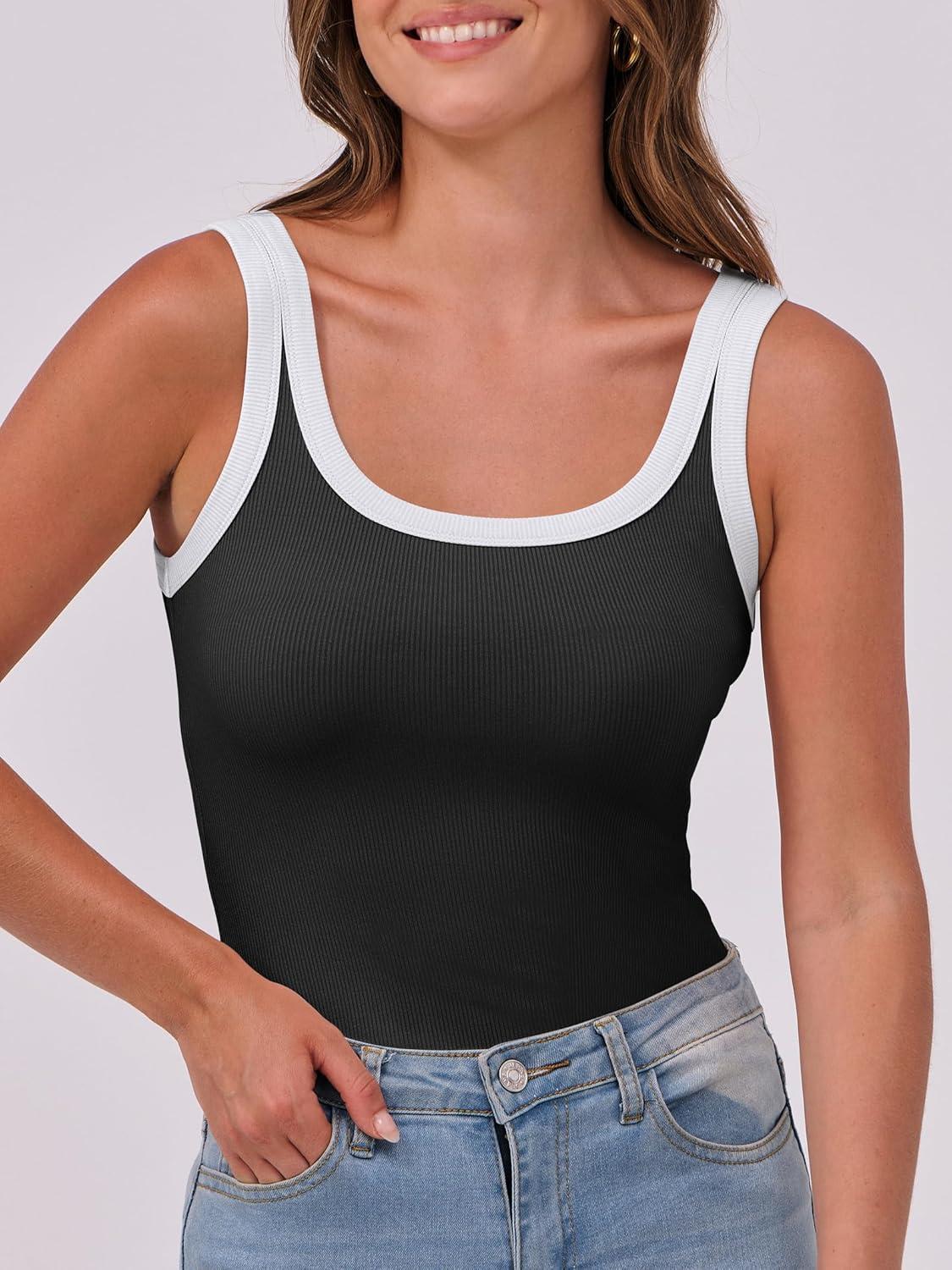 imageANRABESS Womens Sleeveless Scoop Neck Tank Top Ribbed Fitted Summer Basic Slim Cute Tops 2025Color Block Black