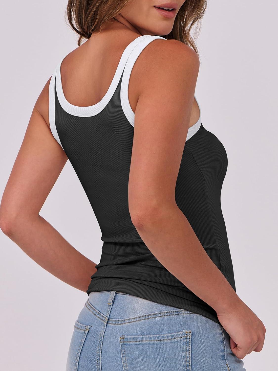 imageANRABESS Womens Sleeveless Scoop Neck Tank Top Ribbed Fitted Summer Basic Slim Cute Tops 2025Color Block Black