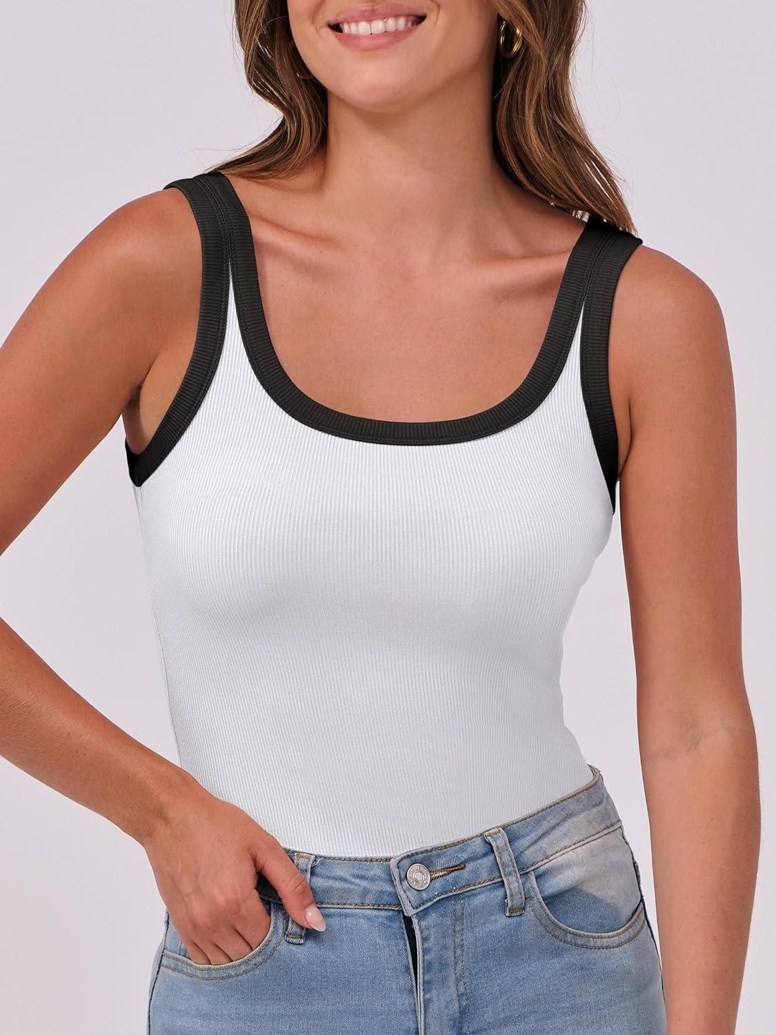 imageANRABESS Womens Sleeveless Scoop Neck Tank Top Ribbed Fitted Summer Basic Slim Cute Tops 2025Color Block White