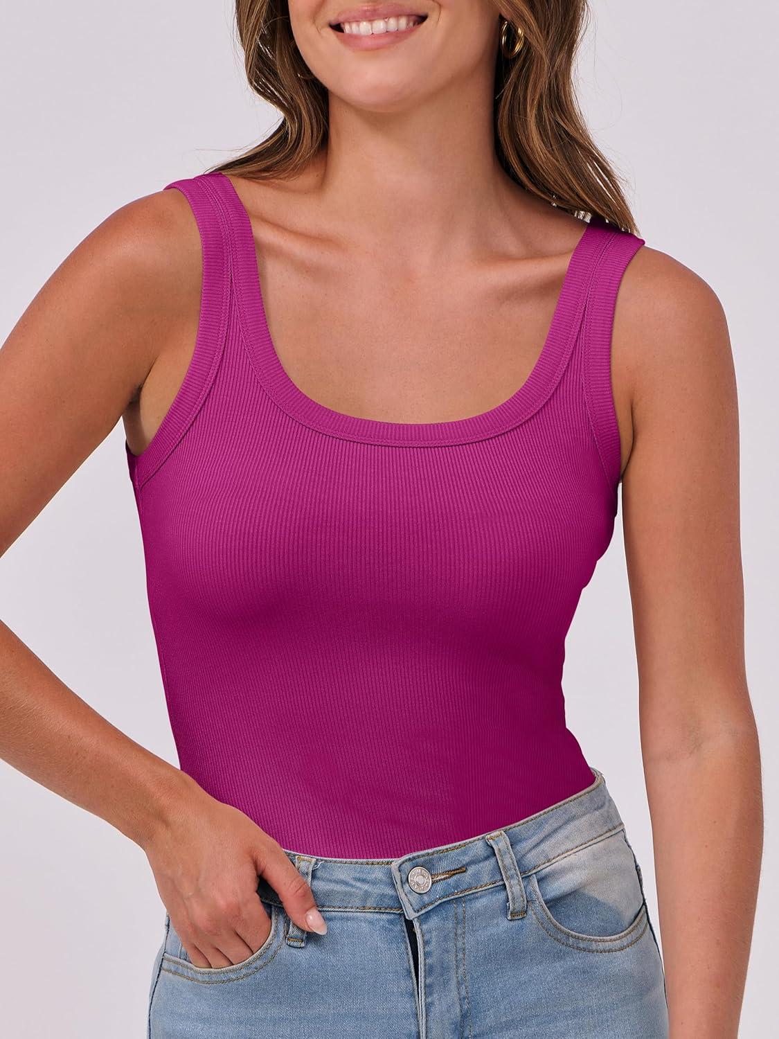 imageANRABESS Womens Sleeveless Scoop Neck Tank Top Ribbed Fitted Summer Basic Slim Cute Tops 2025Hot Pink