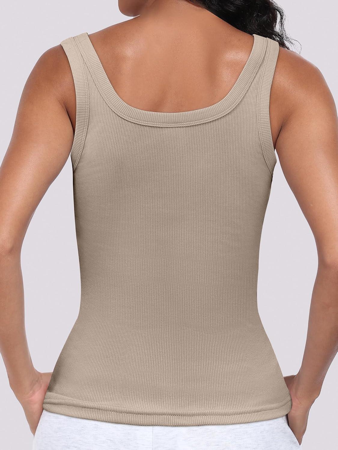 imageANRABESS Womens Sleeveless Scoop Neck Tank Top Ribbed Fitted Summer Basic Slim Cute Tops 2025Khaki