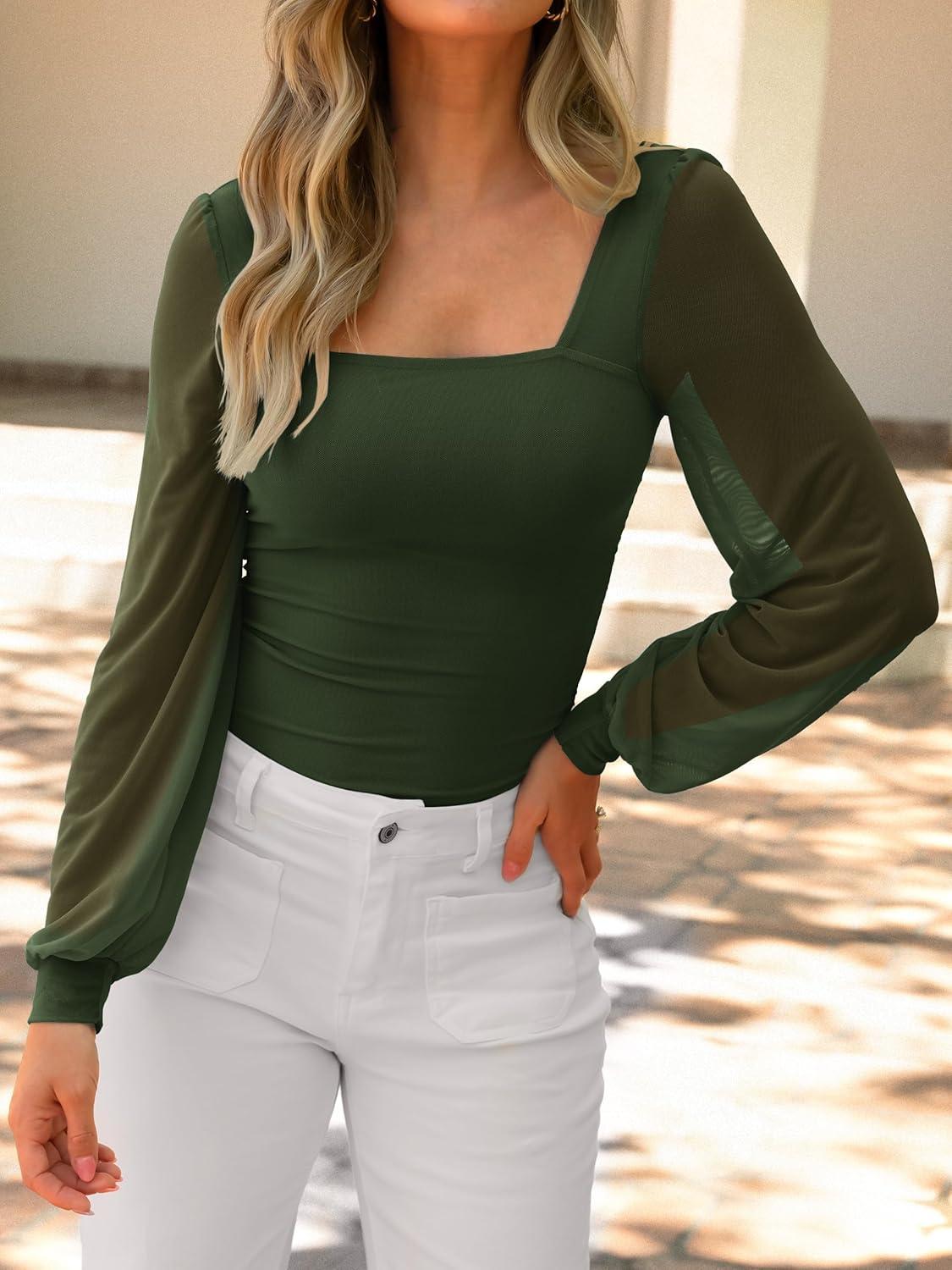 imageANRABESS Womens Square Neck Mesh Long Sleeve Tops Double Lined Dressy Business Casual Blouses Shirts 2025 Fall OutfitsArmy Green