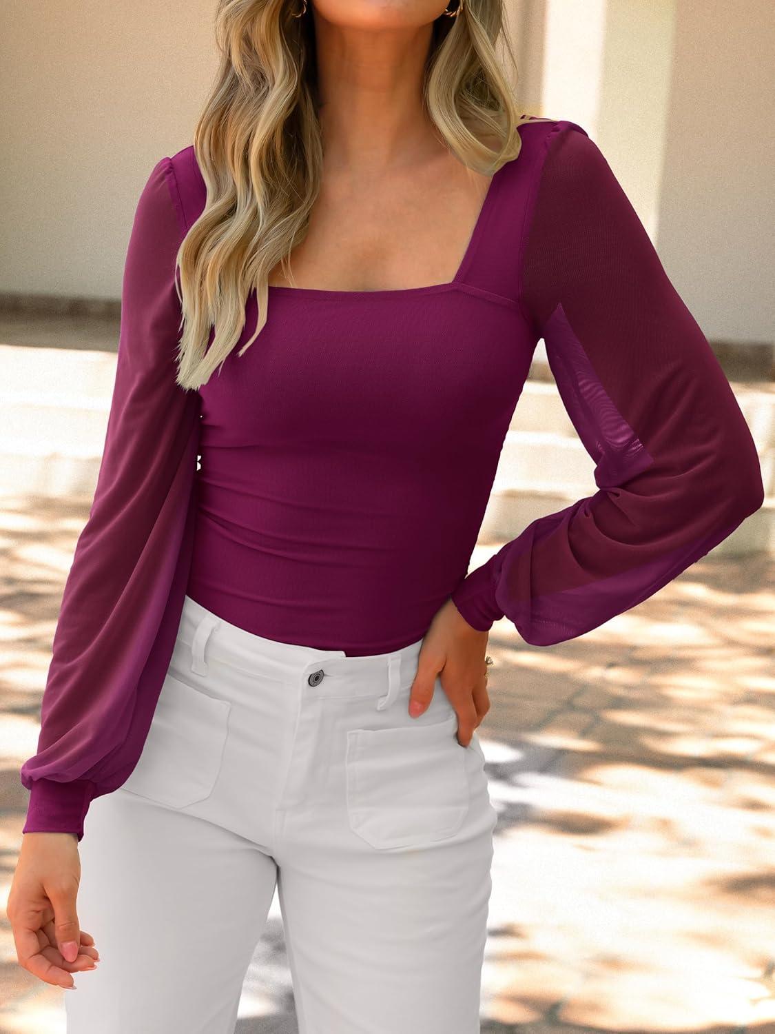imageANRABESS Womens Square Neck Mesh Long Sleeve Tops Double Lined Dressy Business Casual Blouses Shirts 2025 Fall OutfitsBurgundy