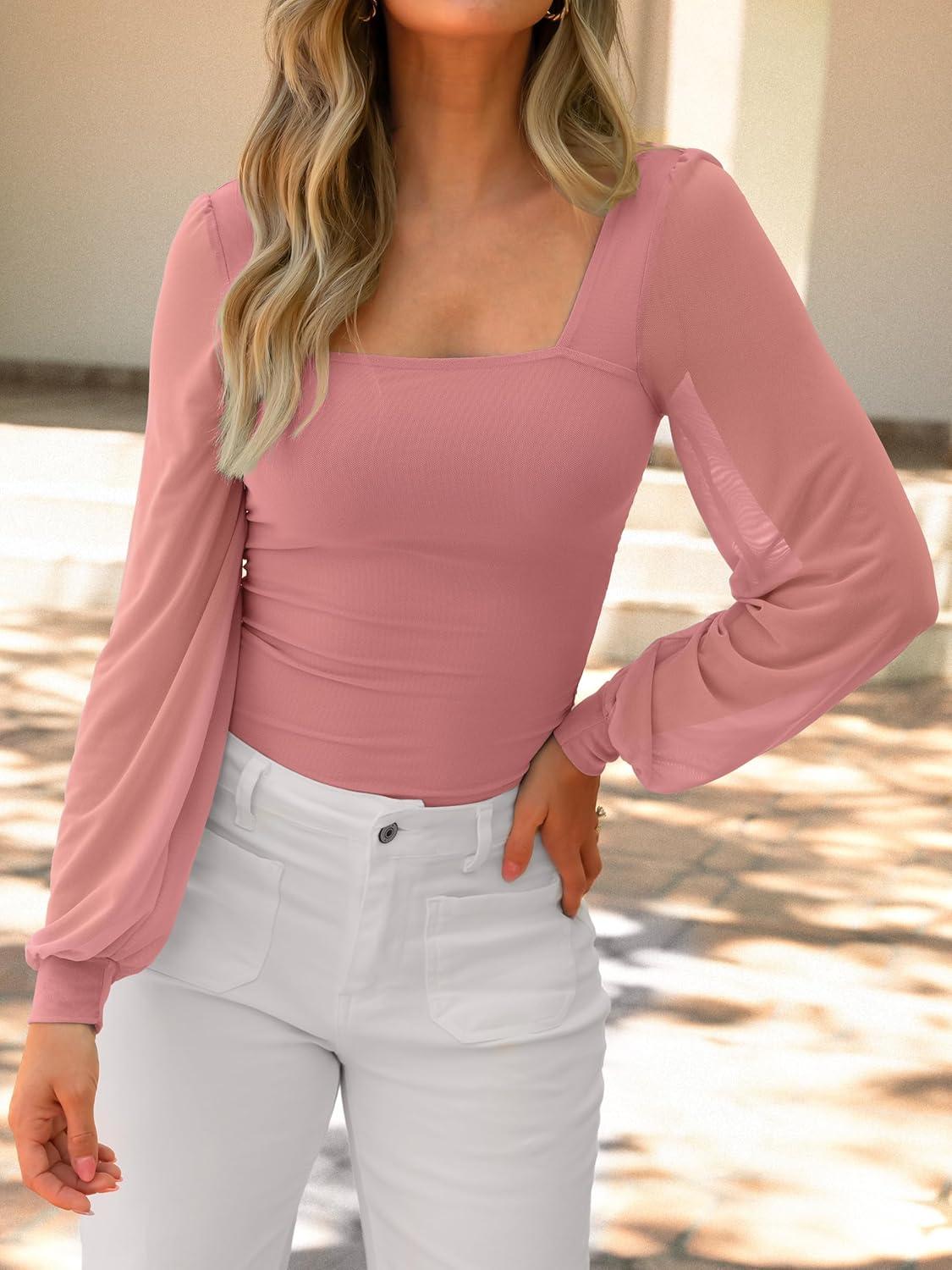 imageANRABESS Womens Square Neck Mesh Long Sleeve Tops Double Lined Dressy Business Casual Blouses Shirts 2025 Fall OutfitsCoral Pink