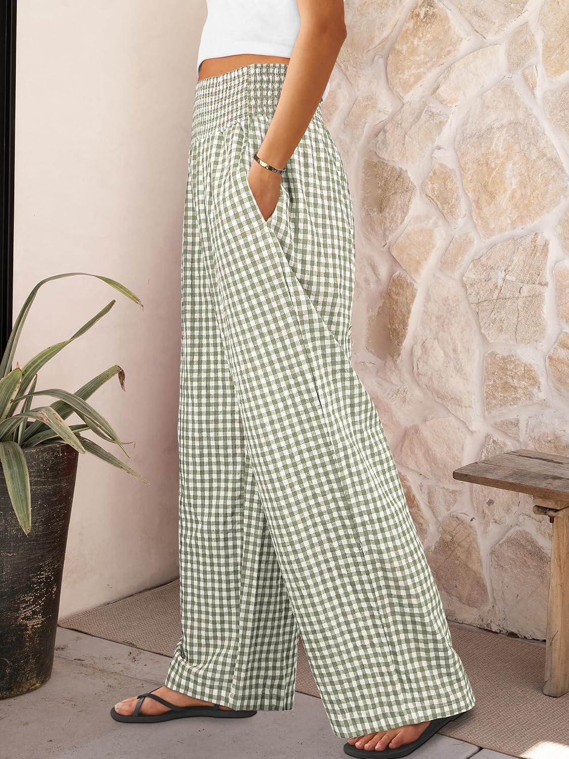 imageANRABESS Womens Striped Gingham Palazzo Pants Wide Leg High Waisted Lounge Pajama Pants Cute Casual Trousers with PocketsArmy Green White Plaid