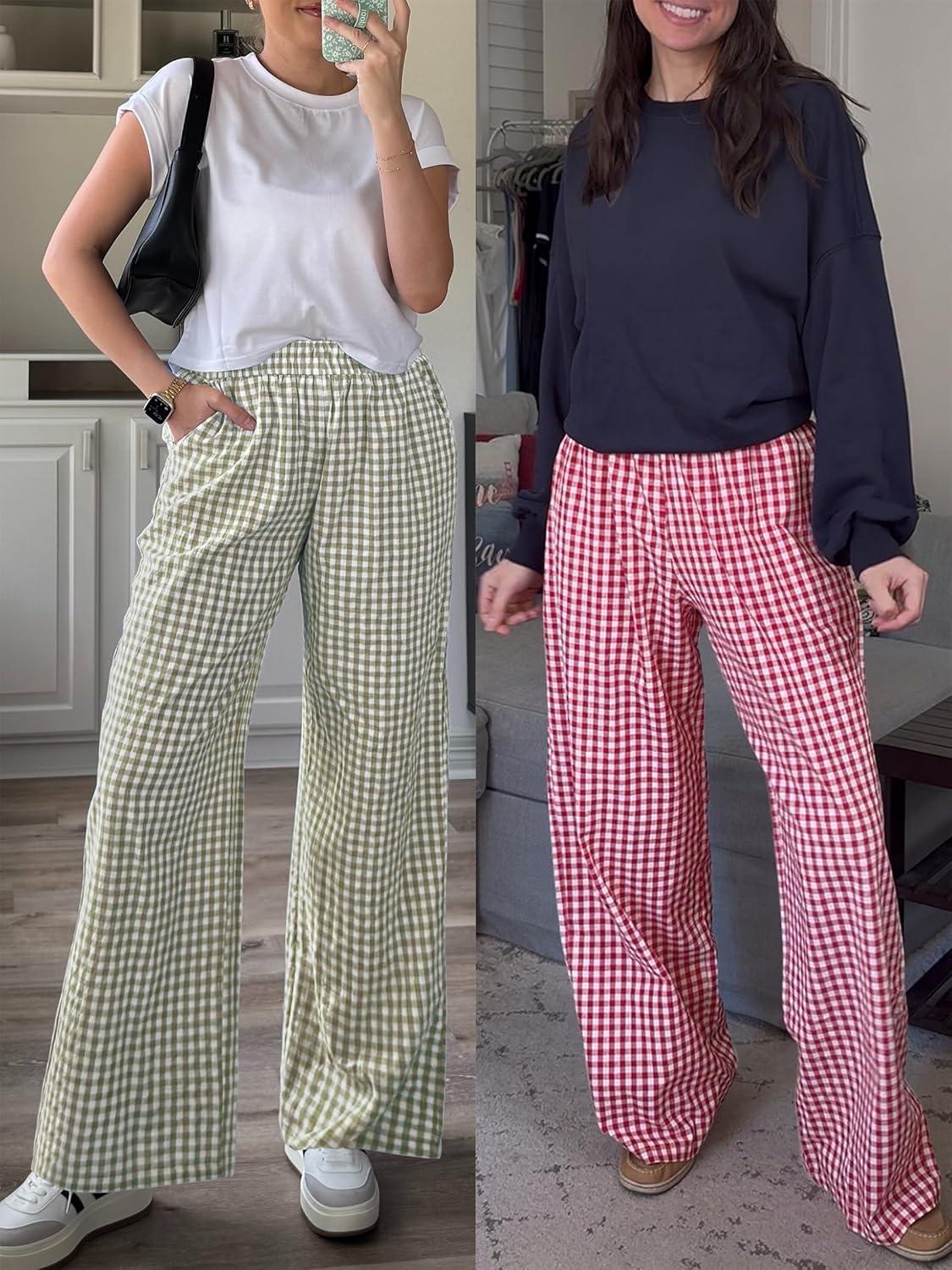 imageANRABESS Womens Striped Gingham Palazzo Pants Wide Leg High Waisted Lounge Pajama Pants Cute Casual Trousers with PocketsArmy Green White Plaid