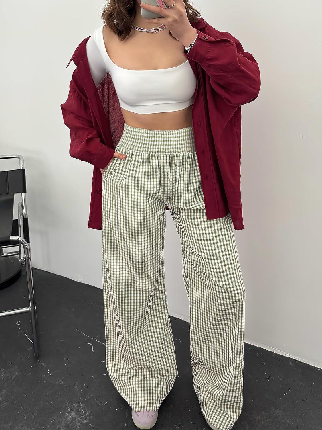 imageANRABESS Womens Striped Gingham Palazzo Pants Wide Leg High Waisted Lounge Pajama Pants Cute Casual Trousers with PocketsArmy Green White Plaid