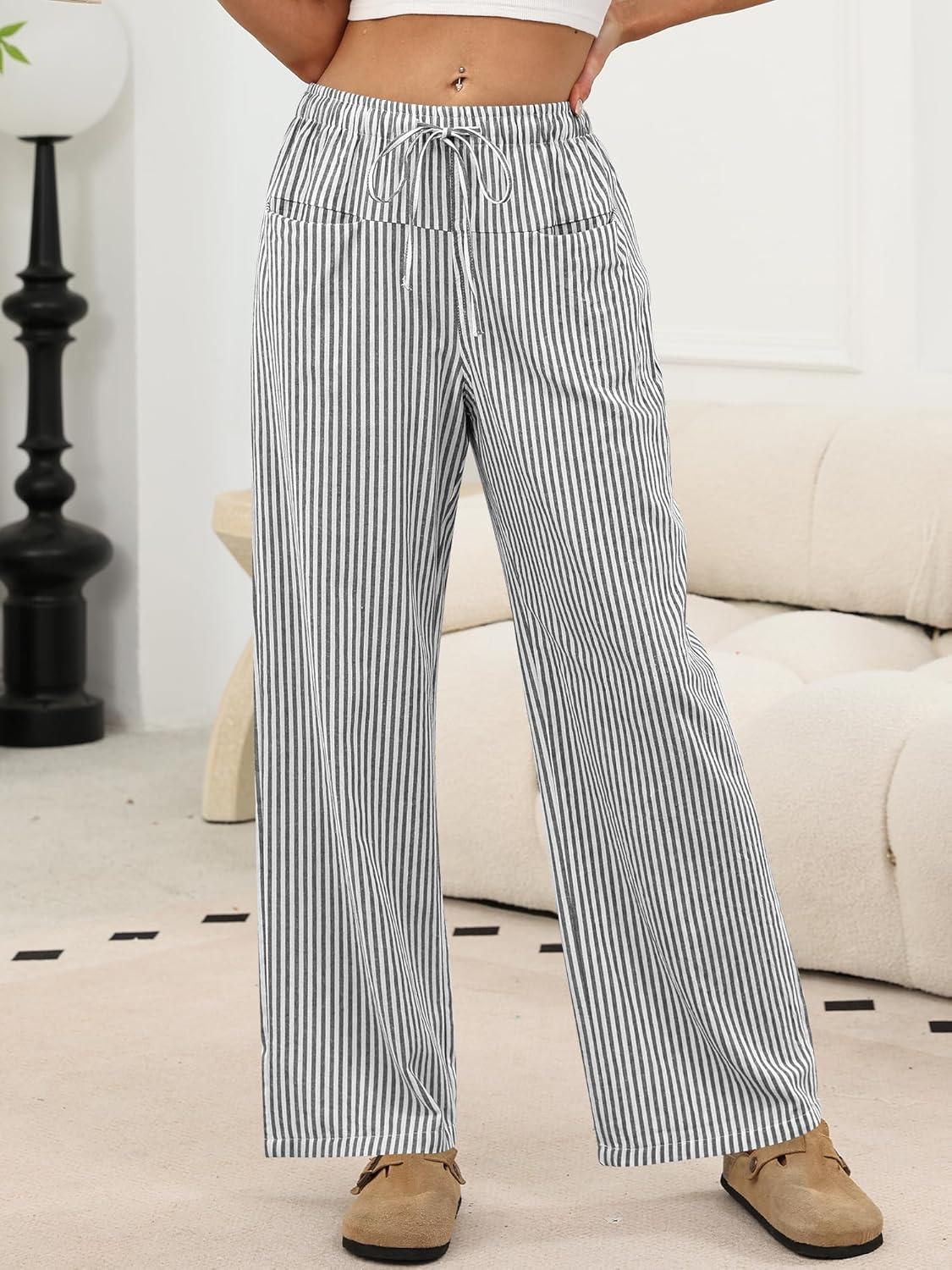 imageANRABESS Womens Striped Gingham Pants 2025 Pajama Drawstring Wide Leg Lounge Plaid Pants Cute Casual Trousers with PocketsBlack White Stripe