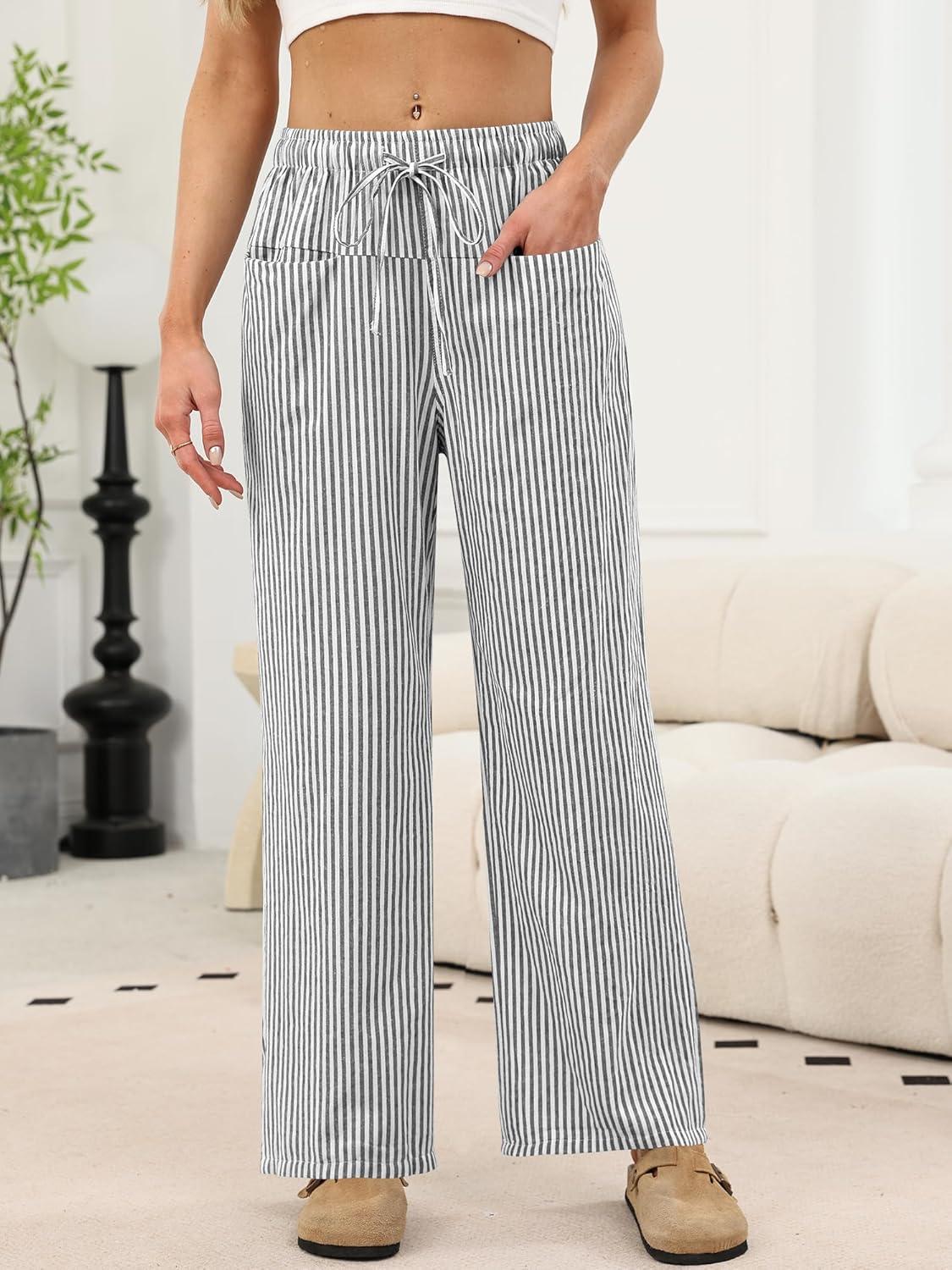 imageANRABESS Womens Striped Gingham Pants 2025 Pajama Drawstring Wide Leg Lounge Plaid Pants Cute Casual Trousers with PocketsBlack White Stripe