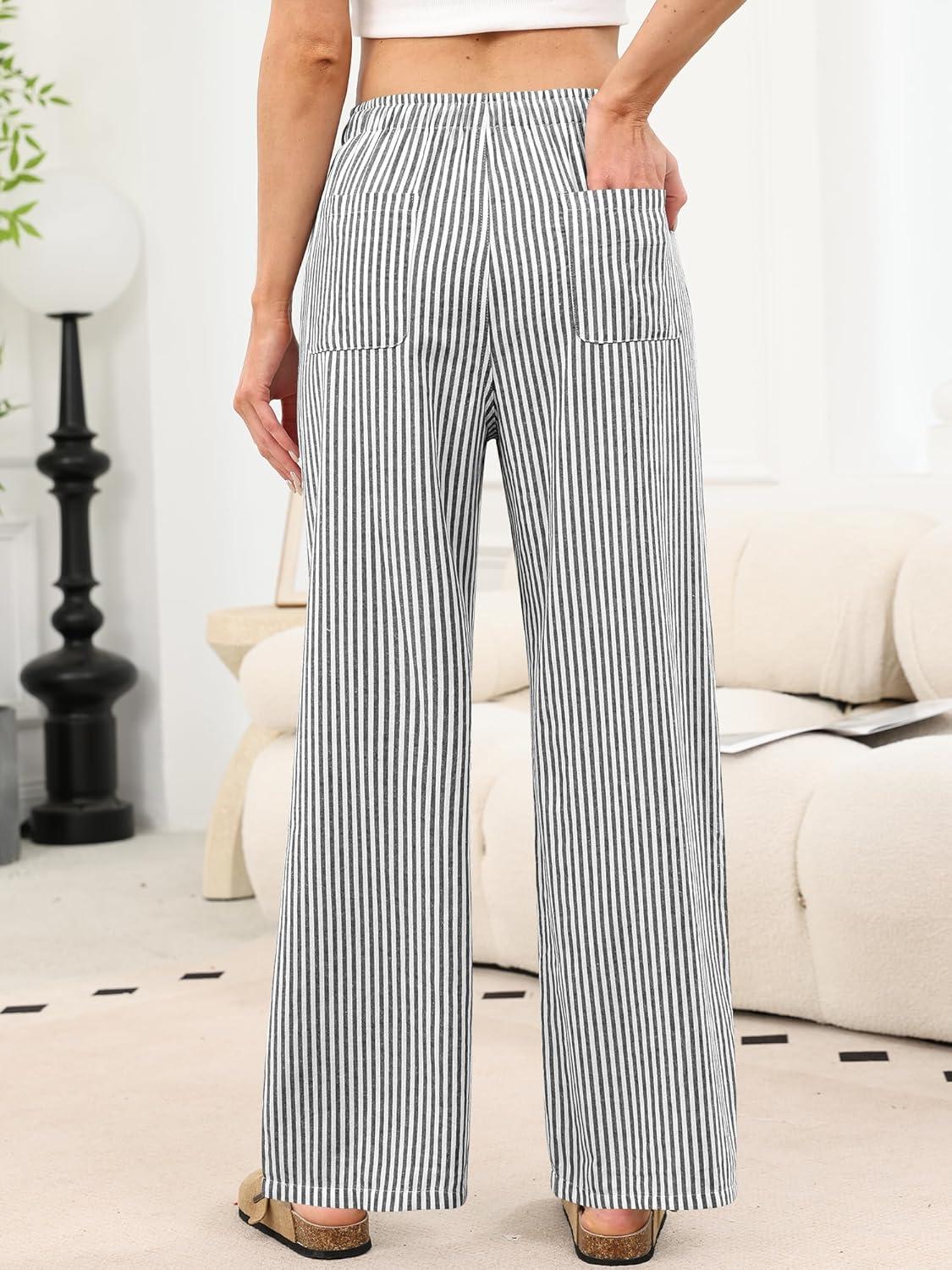 imageANRABESS Womens Striped Gingham Pants 2025 Pajama Drawstring Wide Leg Lounge Plaid Pants Cute Casual Trousers with PocketsBlack White Stripe