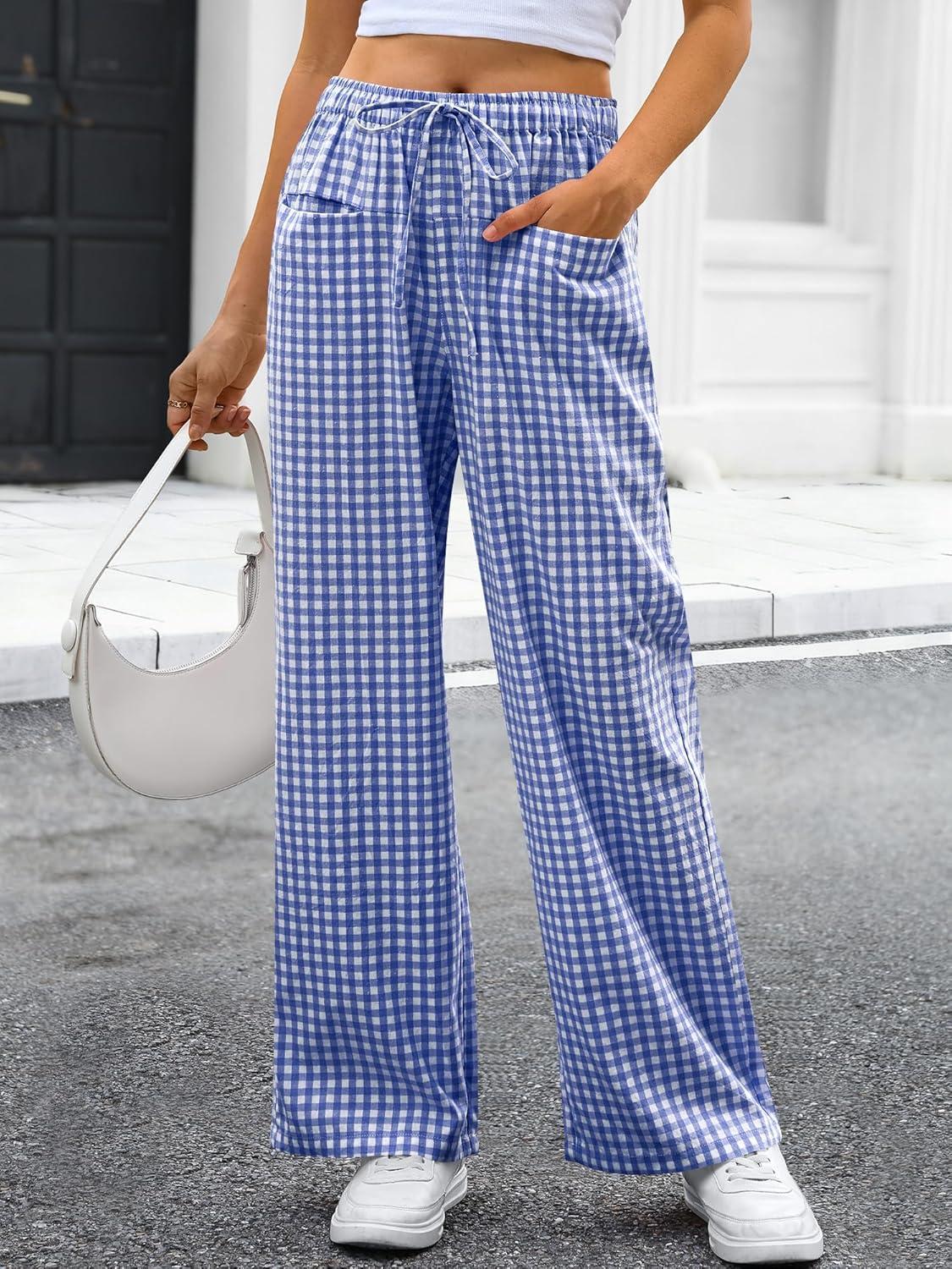 imageANRABESS Womens Striped Gingham Pants 2025 Pajama Drawstring Wide Leg Lounge Plaid Pants Cute Casual Trousers with PocketsBlue White Plaid