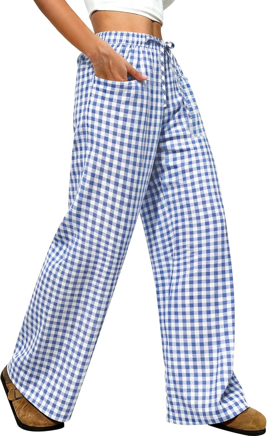 imageANRABESS Womens Striped Gingham Pants 2025 Pajama Drawstring Wide Leg Lounge Plaid Pants Cute Casual Trousers with PocketsBlue White Plaid