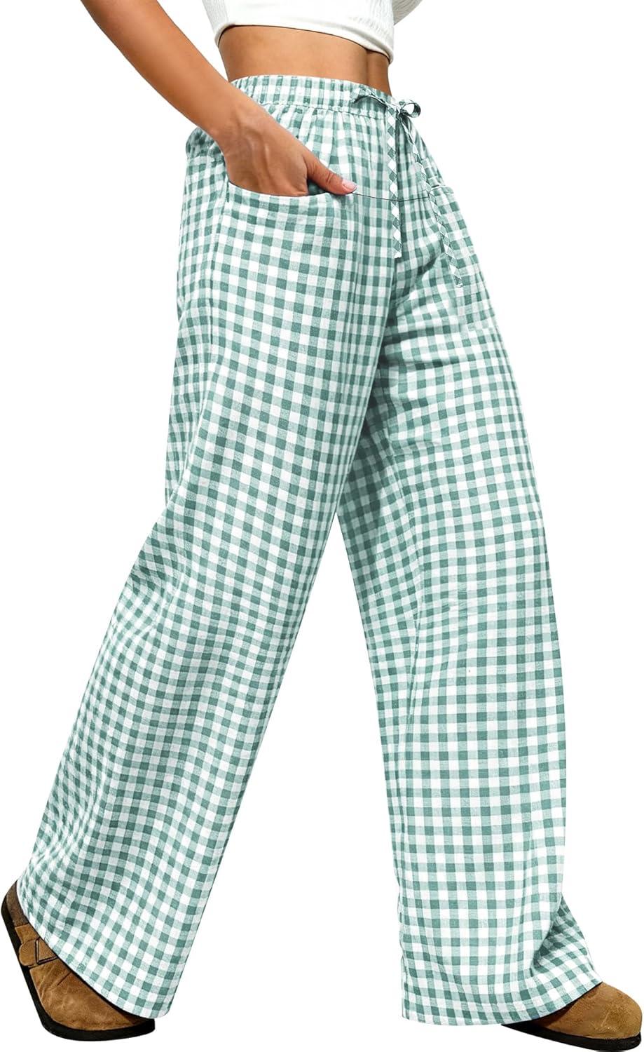 imageANRABESS Womens Striped Gingham Pants 2025 Pajama Drawstring Wide Leg Lounge Plaid Pants Cute Casual Trousers with PocketsGreen White Plaid