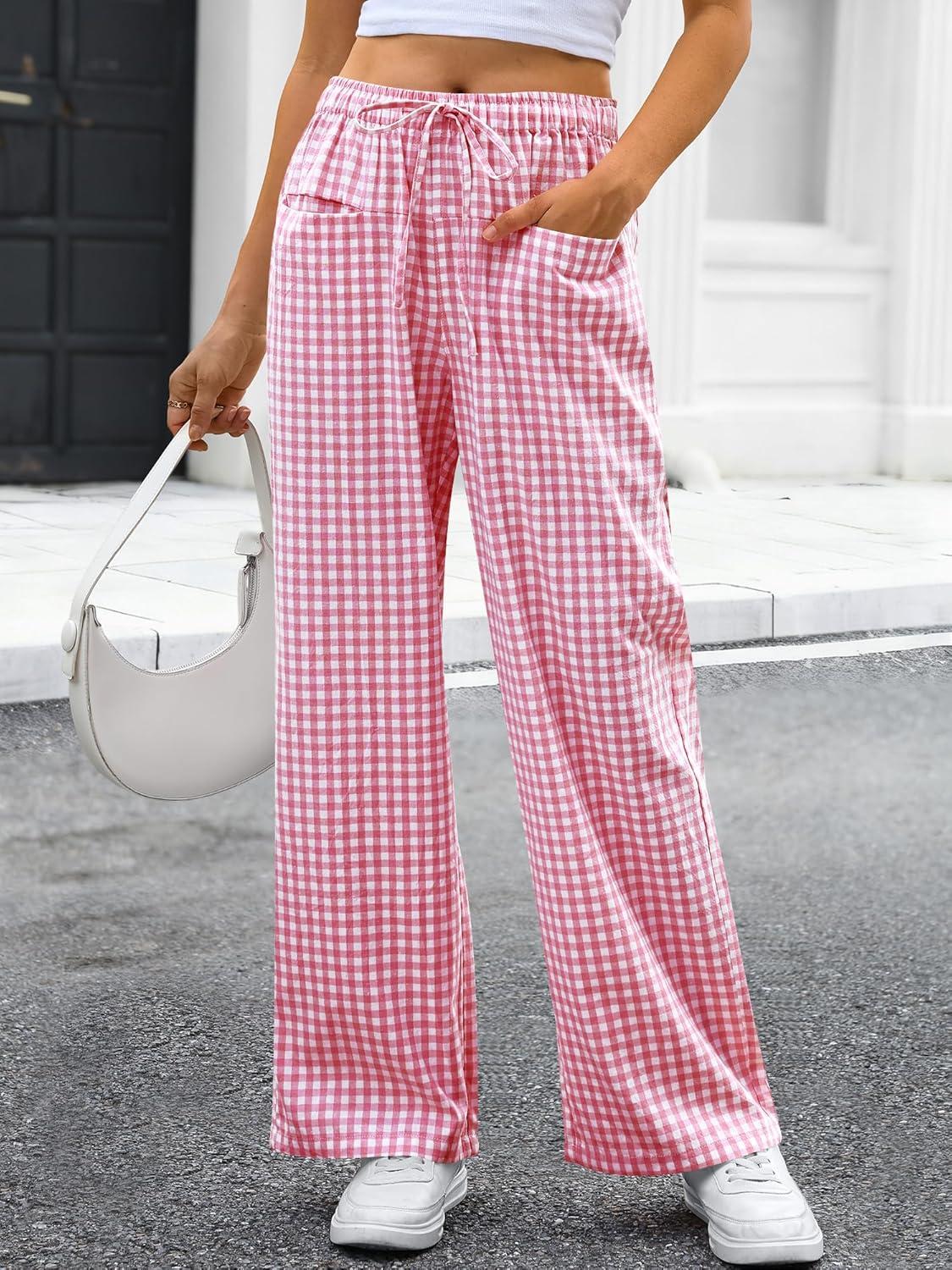 imageANRABESS Womens Striped Gingham Pants 2025 Pajama Drawstring Wide Leg Lounge Plaid Pants Cute Casual Trousers with PocketsPink White Plaid