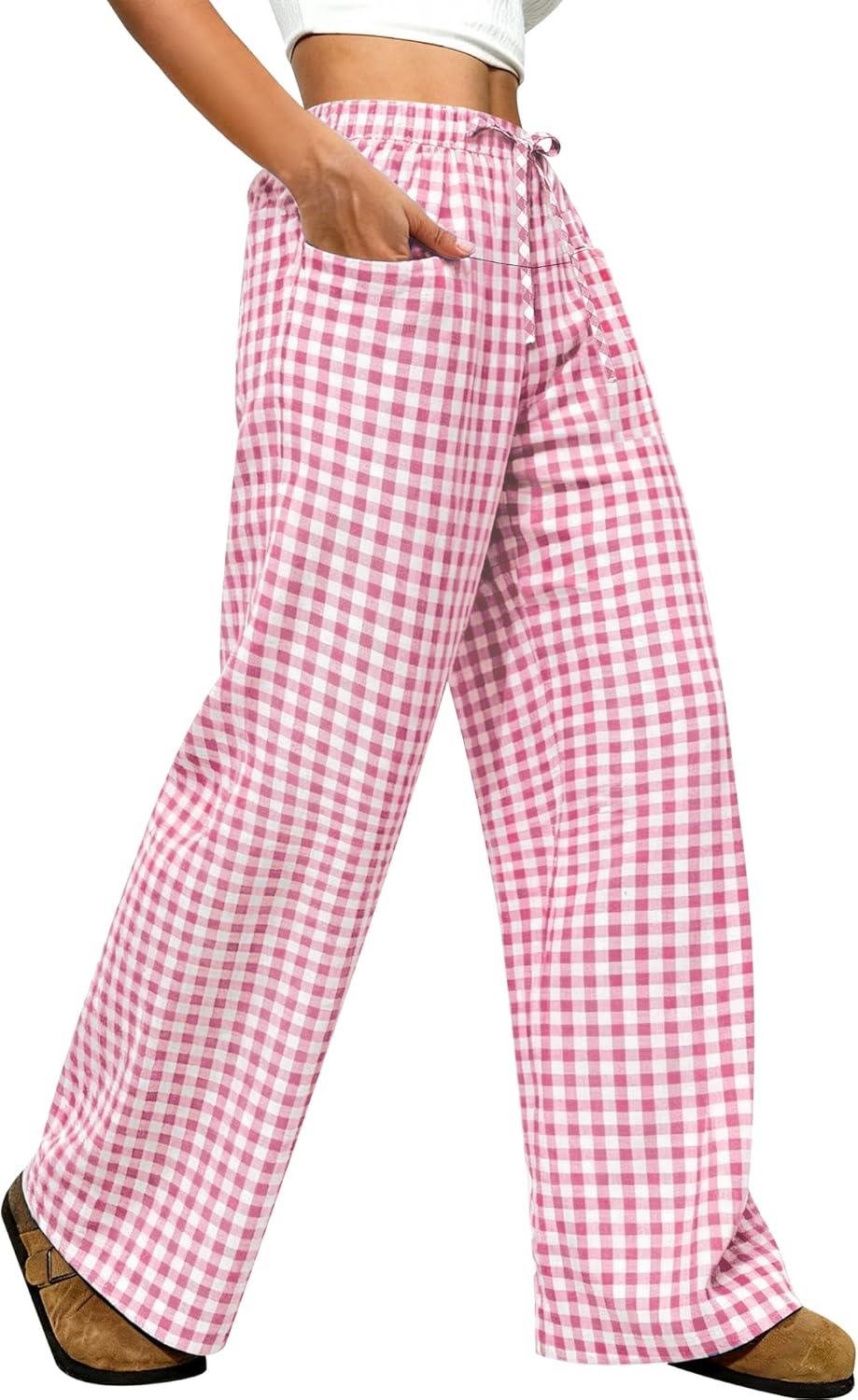 imageANRABESS Womens Striped Gingham Pants 2025 Pajama Drawstring Wide Leg Lounge Plaid Pants Cute Casual Trousers with PocketsPink White Plaid