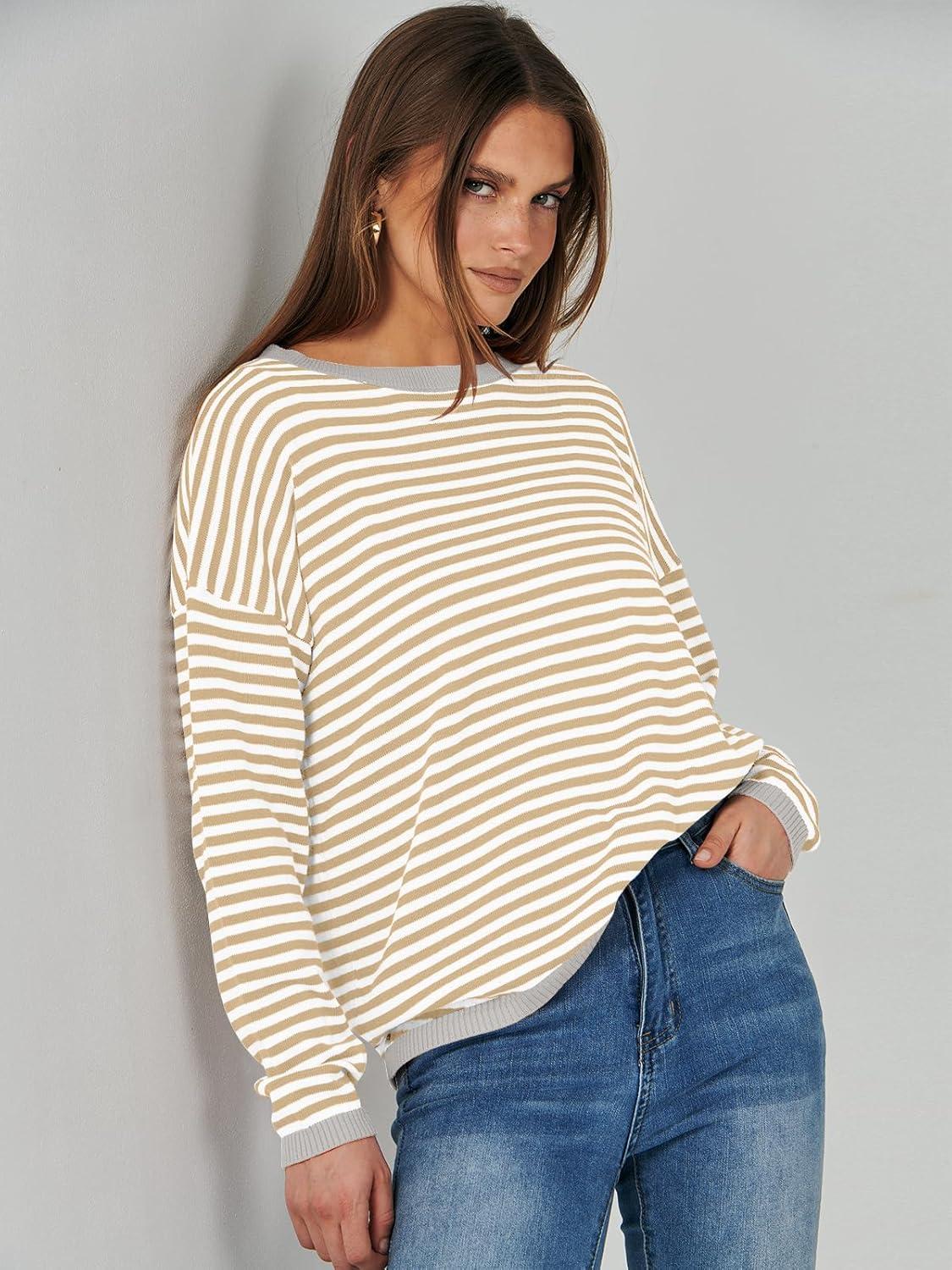 imageANRABESS Womens Striped Sweaters Long Sleeve Top Crewneck Color Block Casual Loose Knitted Pullover Shirts 2025 Fall OutfitsApricot White Grey