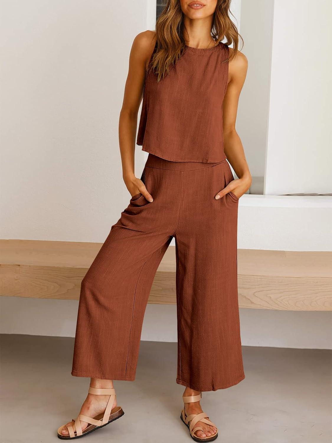 imageANRABESS Womens Summer 2 Piece Outfits Sleeveless Crop Top Capri Wide Leg Pants Jumpsuit Linen Lounge Beach Travel SetsBrick Red