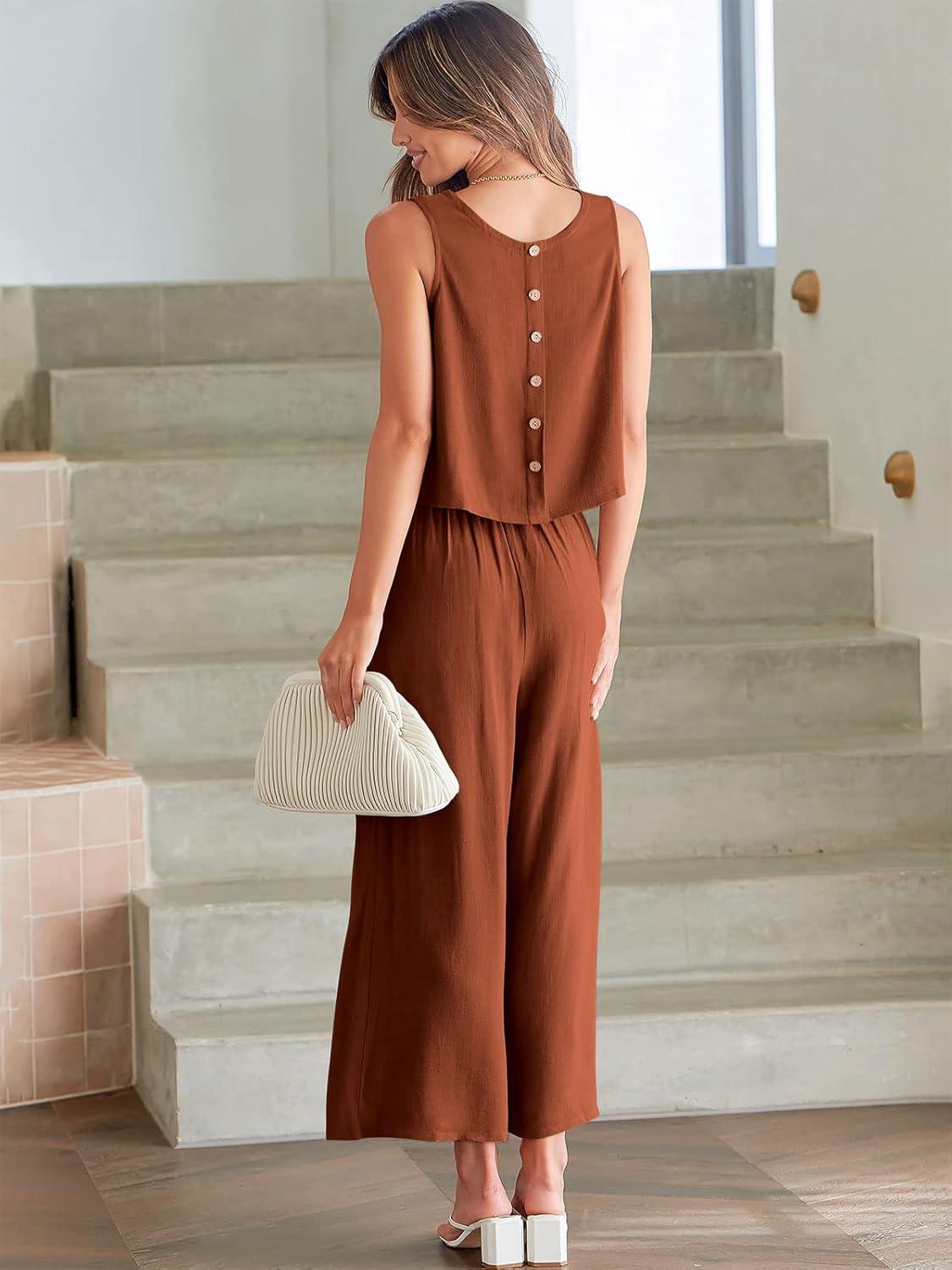 imageANRABESS Womens Summer 2 Piece Outfits Sleeveless Crop Top Capri Wide Leg Pants Jumpsuit Linen Lounge Beach Travel SetsBrick Red