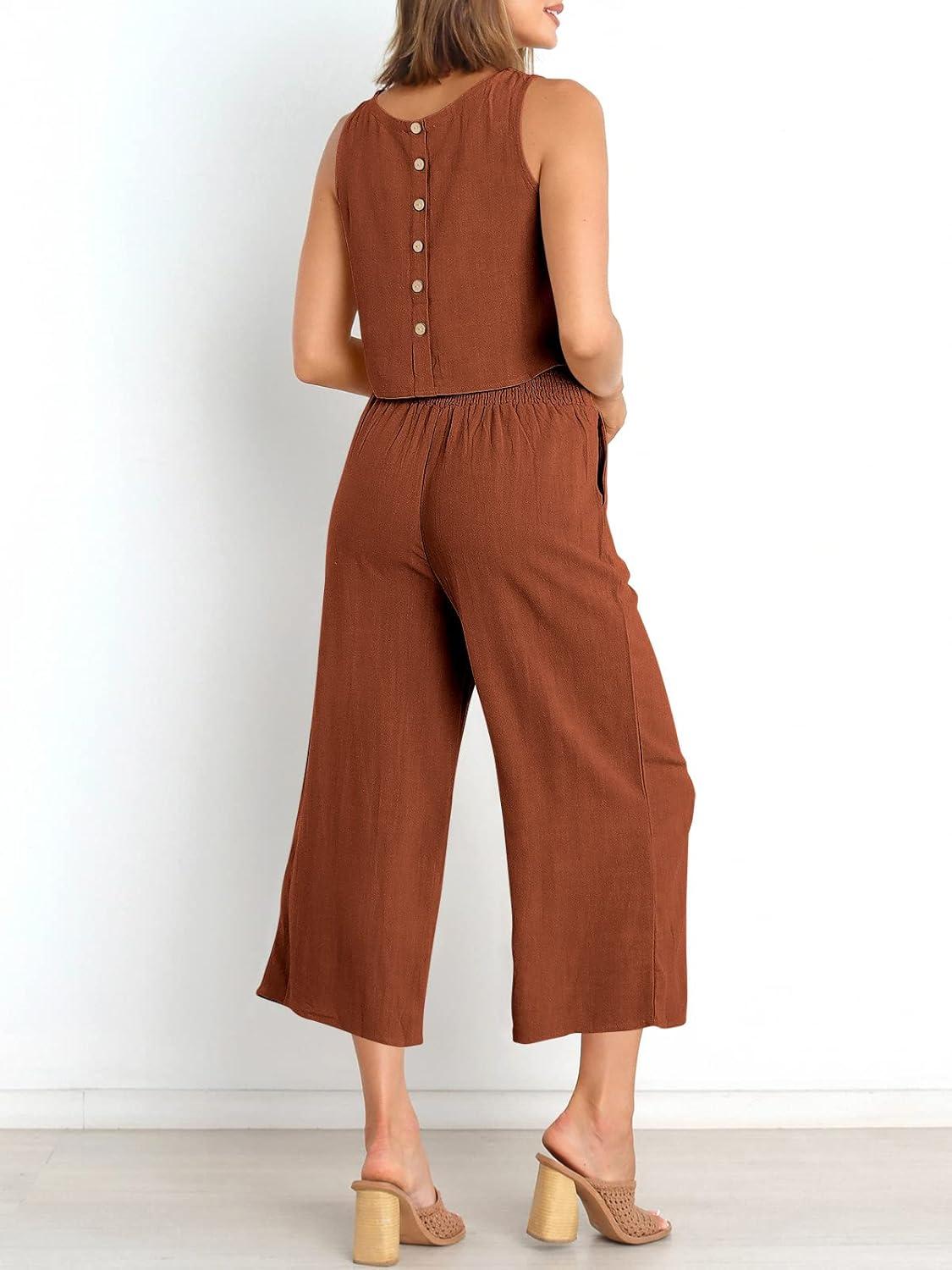 imageANRABESS Womens Summer 2 Piece Outfits Sleeveless Crop Top Capri Wide Leg Pants Jumpsuit Linen Lounge Beach Travel SetsBrick Red