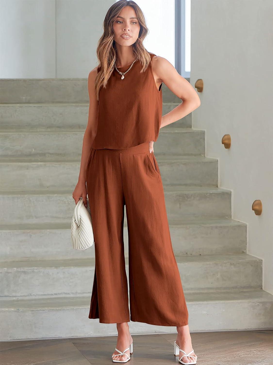 imageANRABESS Womens Summer 2 Piece Outfits Sleeveless Crop Top Capri Wide Leg Pants Jumpsuit Linen Lounge Beach Travel SetsBrick Red