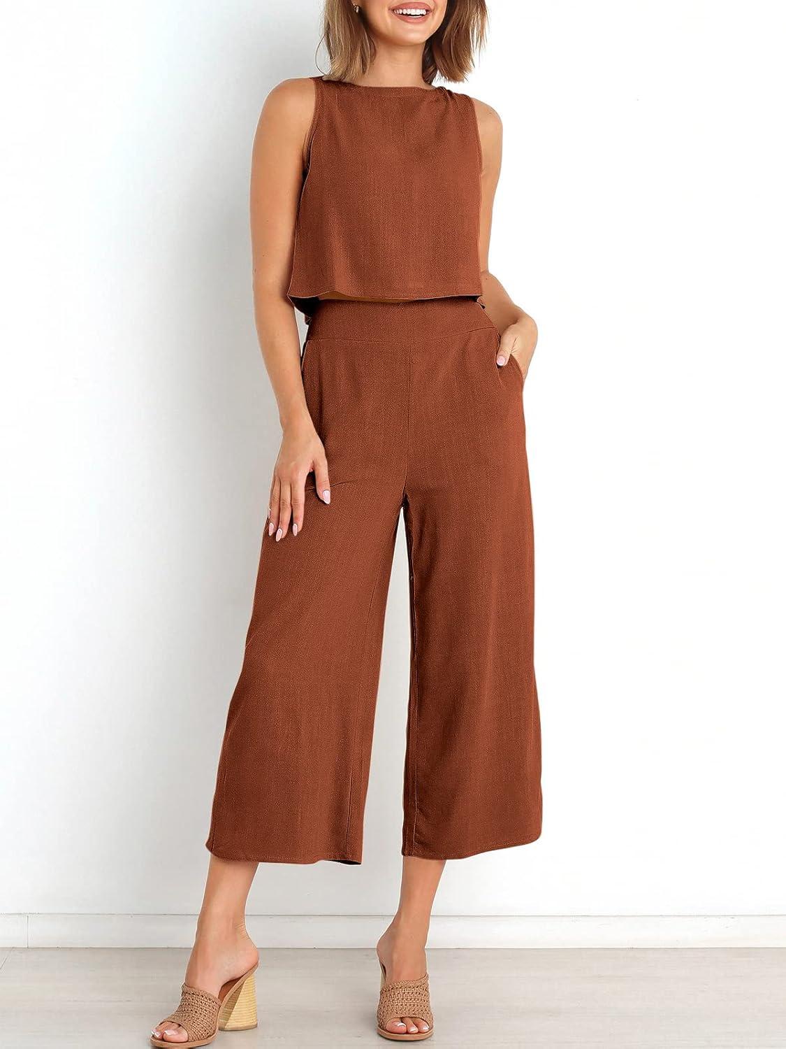 imageANRABESS Womens Summer 2 Piece Outfits Sleeveless Crop Top Capri Wide Leg Pants Jumpsuit Linen Lounge Beach Travel SetsBrick Red