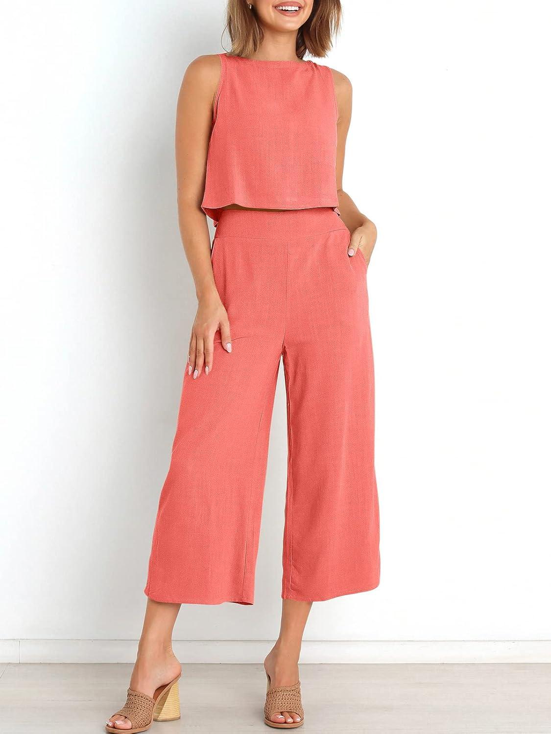 imageANRABESS Womens Summer 2 Piece Outfits Sleeveless Crop Top Capri Wide Leg Pants Jumpsuit Linen Lounge Beach Travel SetsPeach
