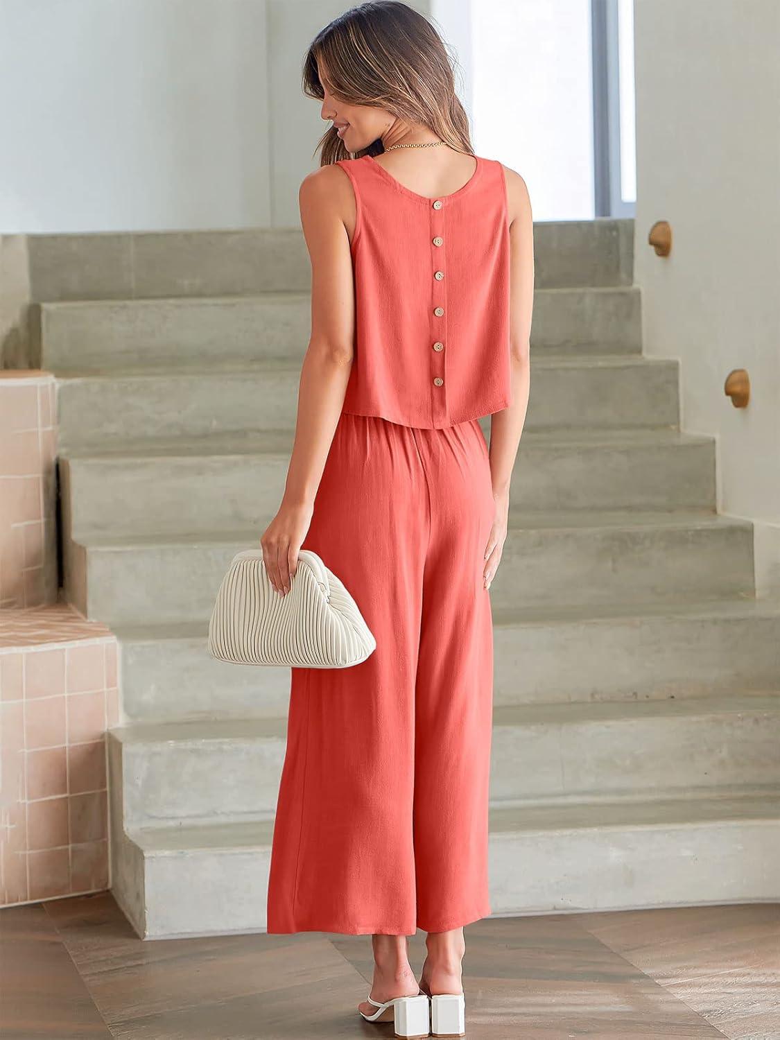 imageANRABESS Womens Summer 2 Piece Outfits Sleeveless Crop Top Capri Wide Leg Pants Jumpsuit Linen Lounge Beach Travel SetsPeach