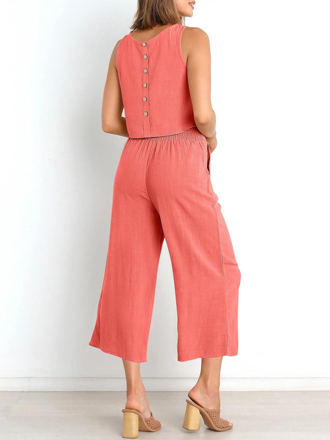 imageANRABESS Womens Summer 2 Piece Outfits Sleeveless Crop Top Capri Wide Leg Pants Jumpsuit Linen Lounge Beach Travel SetsPeach