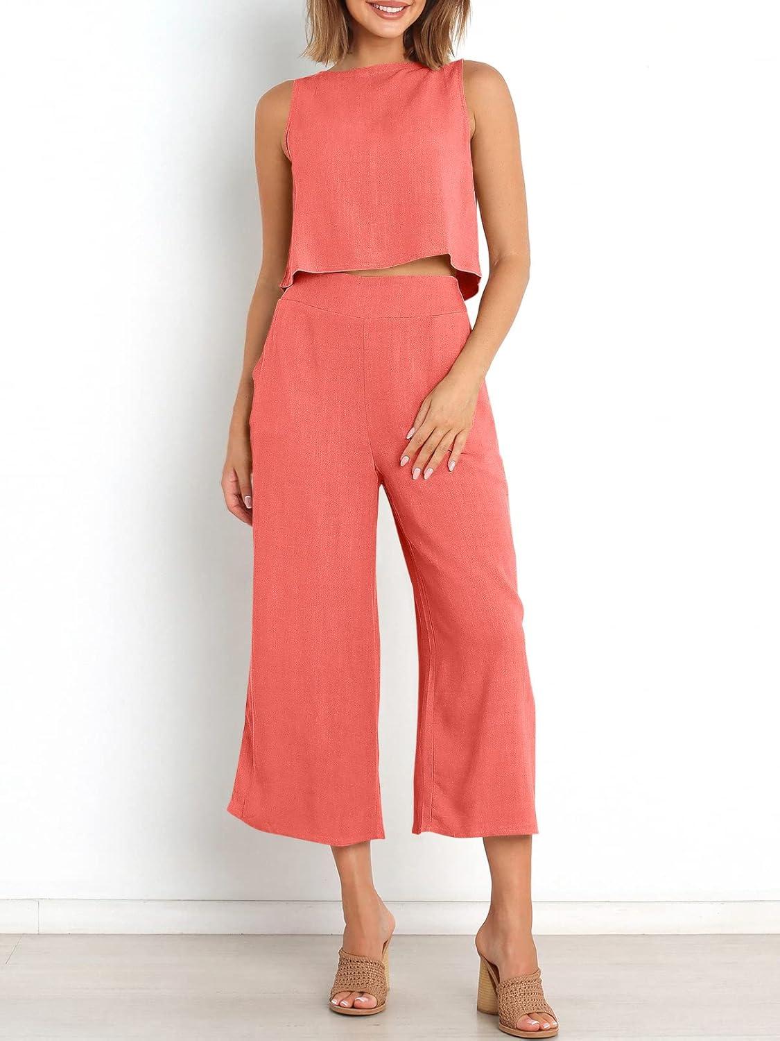 imageANRABESS Womens Summer 2 Piece Outfits Sleeveless Crop Top Capri Wide Leg Pants Jumpsuit Linen Lounge Beach Travel SetsPeach