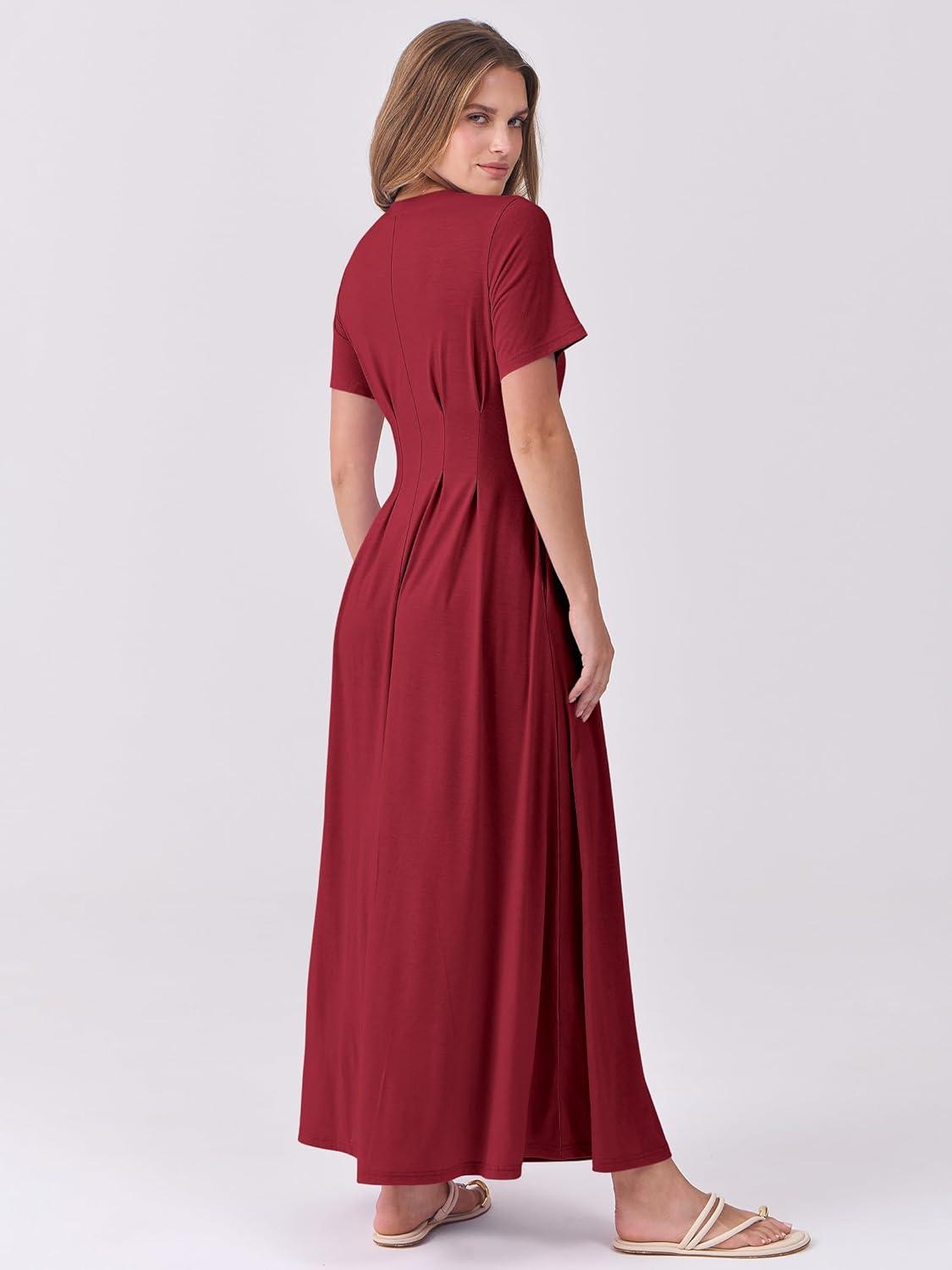 imageANRABESS Womens Summer Casual Dress Short Sleeve Crewneck Pleated Waisted Swing Flowy 2025 A Line Beach Maxi Long DressesBurgundy