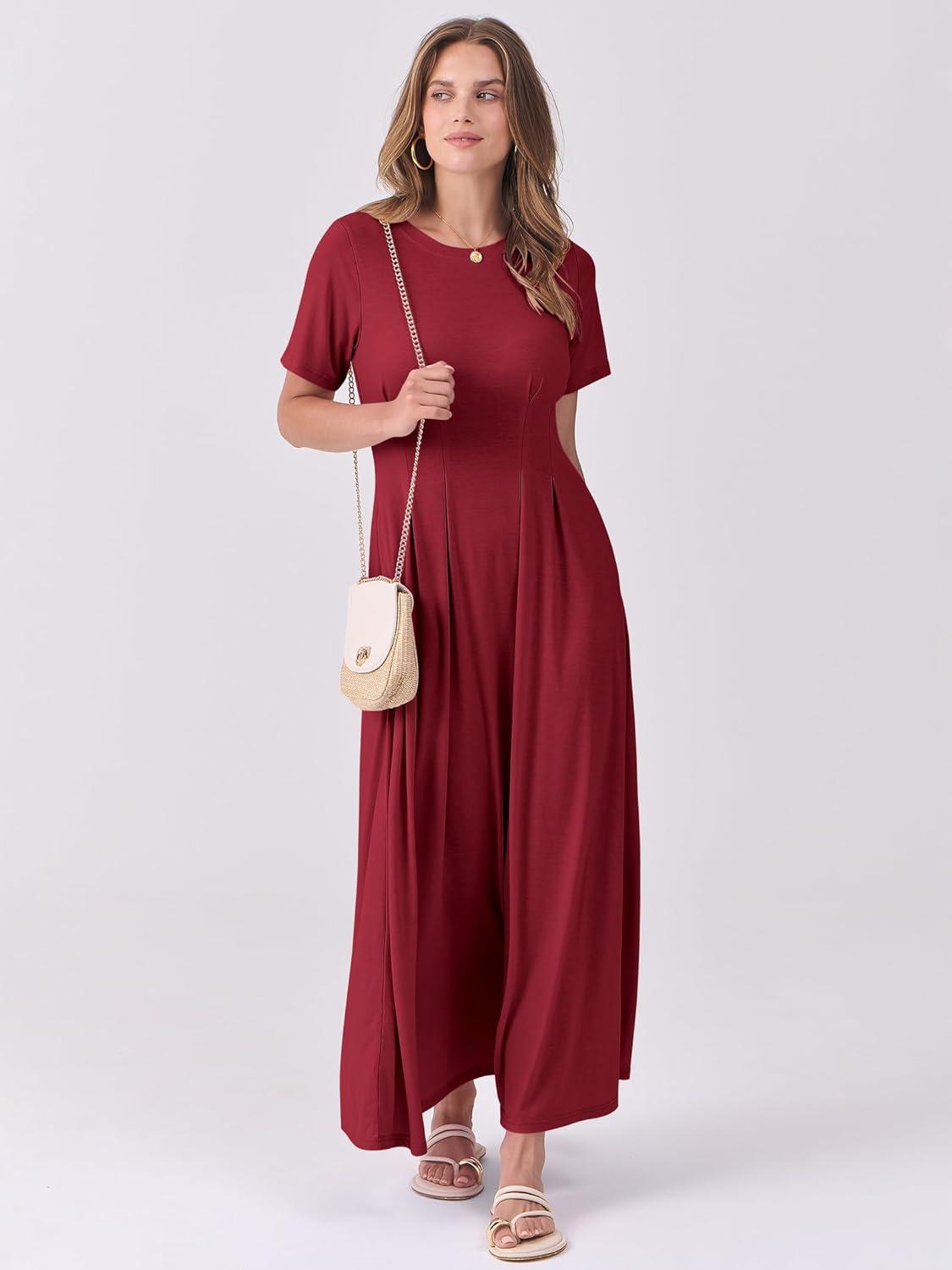 imageANRABESS Womens Summer Casual Dress Short Sleeve Crewneck Pleated Waisted Swing Flowy 2025 A Line Beach Maxi Long DressesBurgundy