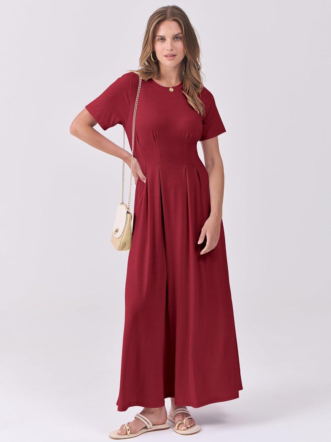 imageANRABESS Womens Summer Casual Dress Short Sleeve Crewneck Pleated Waisted Swing Flowy 2025 A Line Beach Maxi Long DressesBurgundy