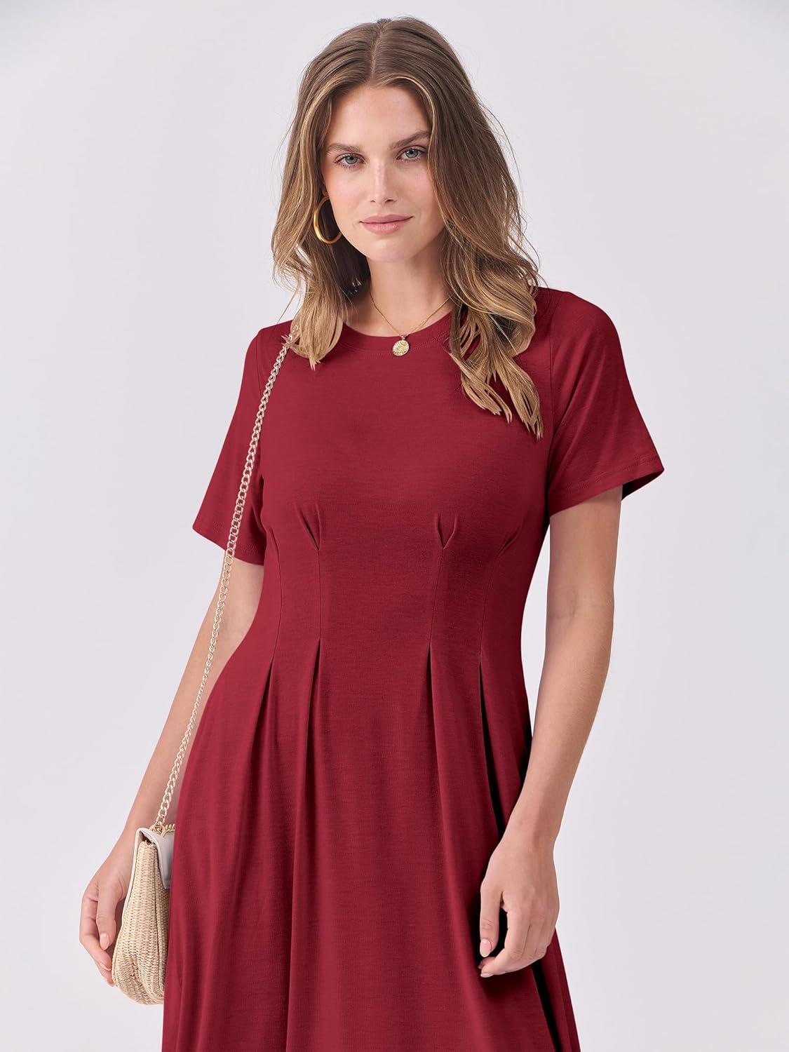 imageANRABESS Womens Summer Casual Dress Short Sleeve Crewneck Pleated Waisted Swing Flowy 2025 A Line Beach Maxi Long DressesBurgundy