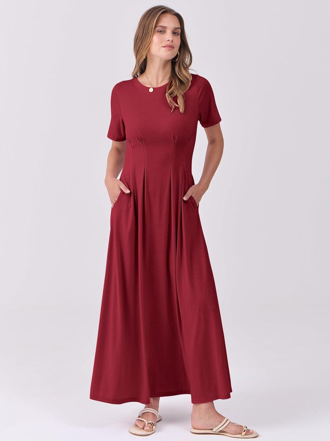 imageANRABESS Womens Summer Casual Dress Short Sleeve Crewneck Pleated Waisted Swing Flowy 2025 A Line Beach Maxi Long DressesBurgundy