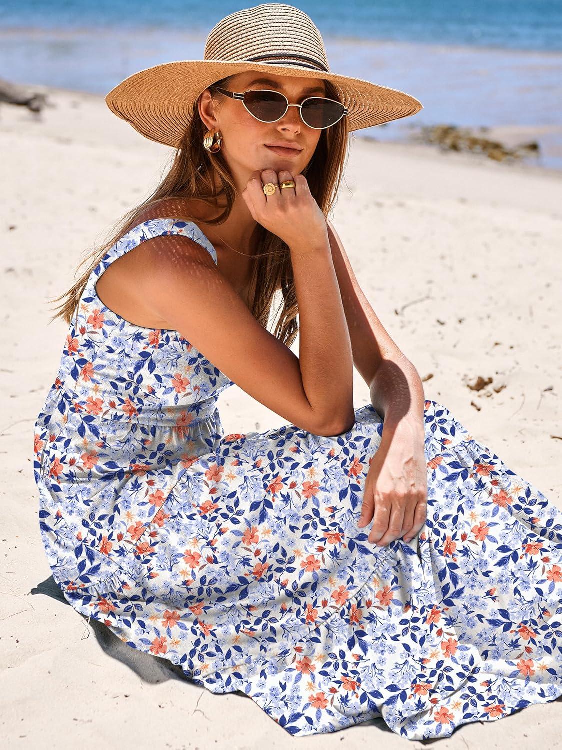 imageANRABESS Womens Summer Casual Long Maxi Beach Vacation Dresses Sleeveless Square Neck Flowy Tiered Sun Dress with PocketsBlue Orange Floral