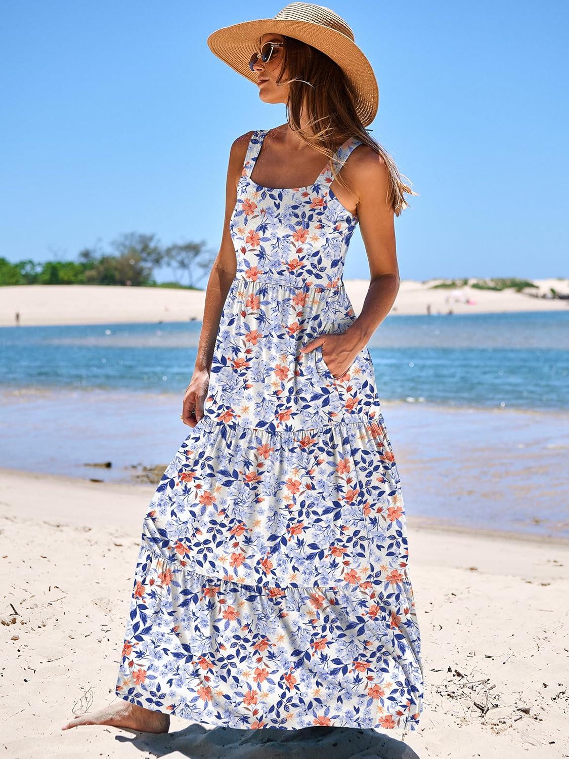 imageANRABESS Womens Summer Casual Long Maxi Beach Vacation Dresses Sleeveless Square Neck Flowy Tiered Sun Dress with PocketsBlue Orange Floral