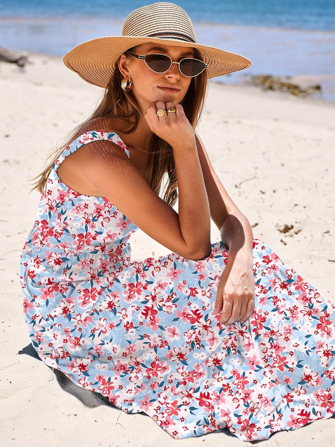 imageANRABESS Womens Summer Casual Long Maxi Beach Vacation Dresses Sleeveless Square Neck Flowy Tiered Sun Dress with PocketsBlue Pink Floral