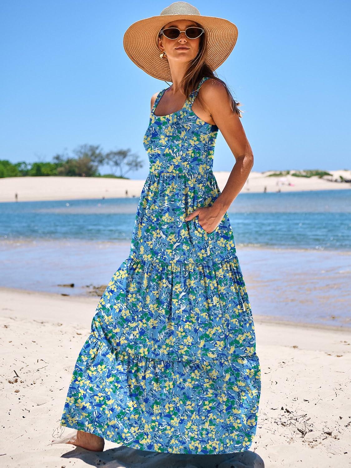 imageANRABESS Womens Summer Casual Long Maxi Beach Vacation Dresses Sleeveless Square Neck Flowy Tiered Sun Dress with PocketsBlue Yellow Green Floral
