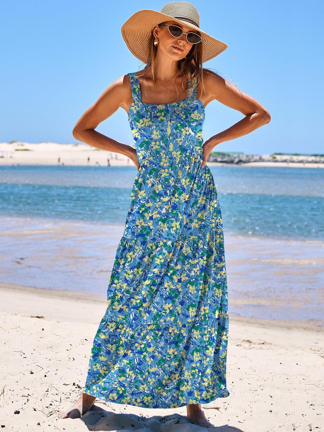 imageANRABESS Womens Summer Casual Long Maxi Beach Vacation Dresses Sleeveless Square Neck Flowy Tiered Sun Dress with PocketsBlue Yellow Green Floral