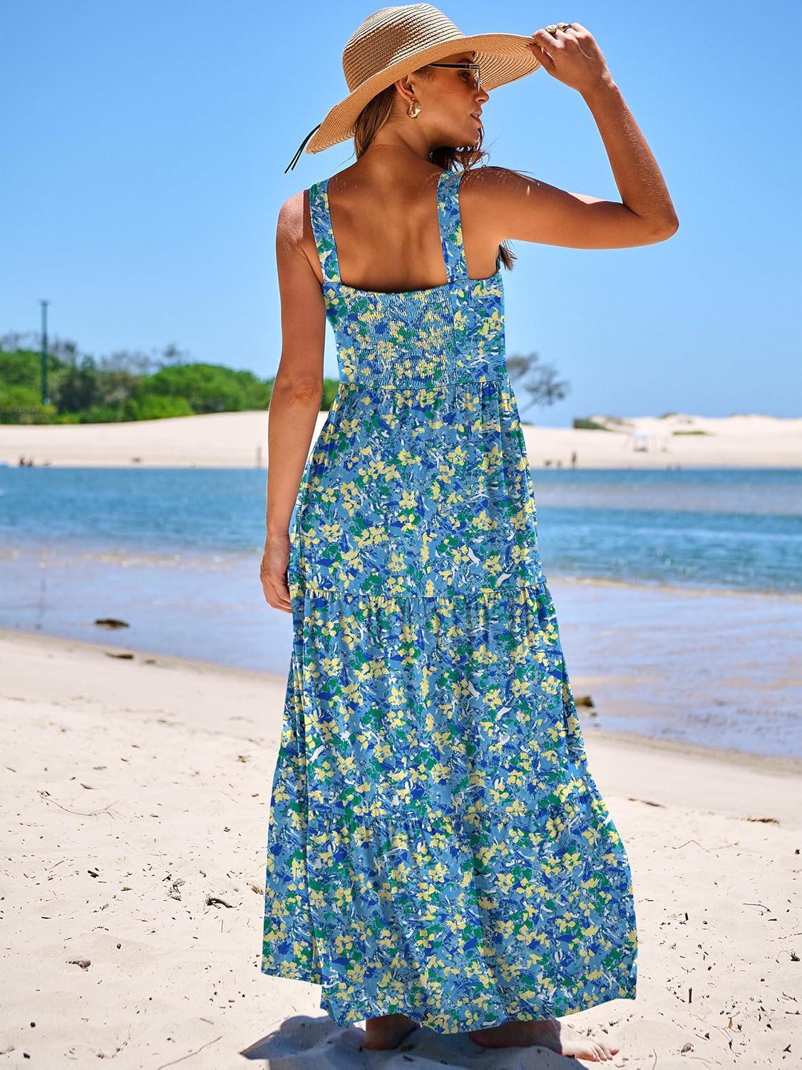 imageANRABESS Womens Summer Casual Long Maxi Beach Vacation Dresses Sleeveless Square Neck Flowy Tiered Sun Dress with PocketsBlue Yellow Green Floral