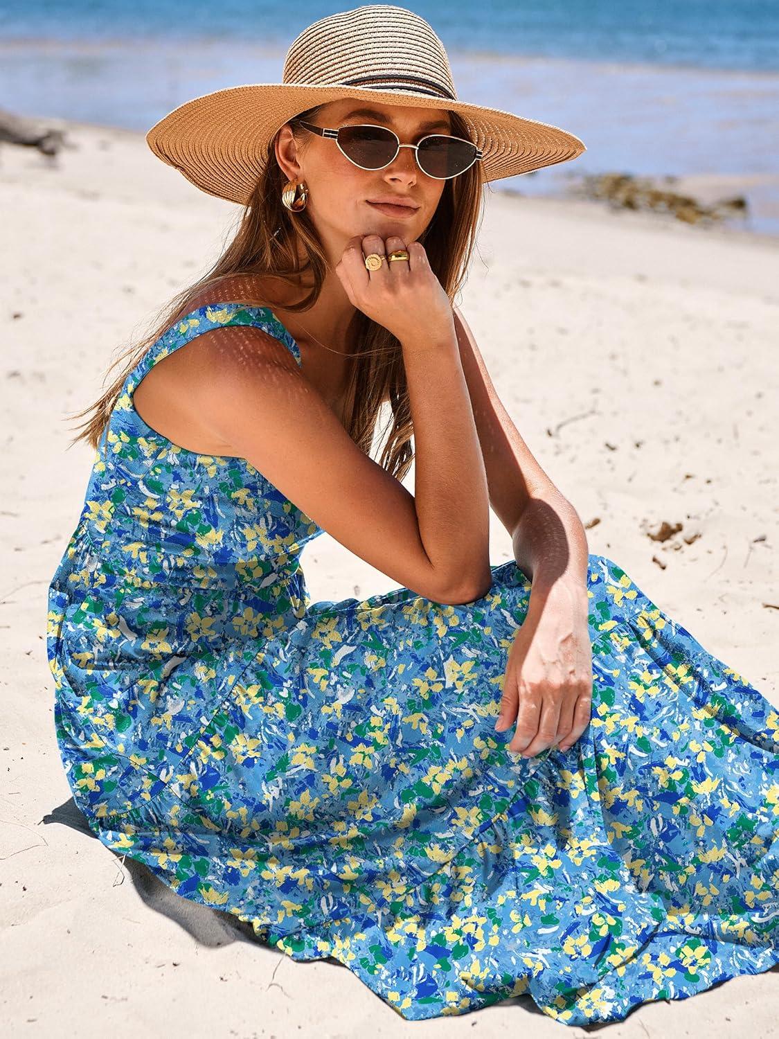 imageANRABESS Womens Summer Casual Long Maxi Beach Vacation Dresses Sleeveless Square Neck Flowy Tiered Sun Dress with PocketsBlue Yellow Green Floral