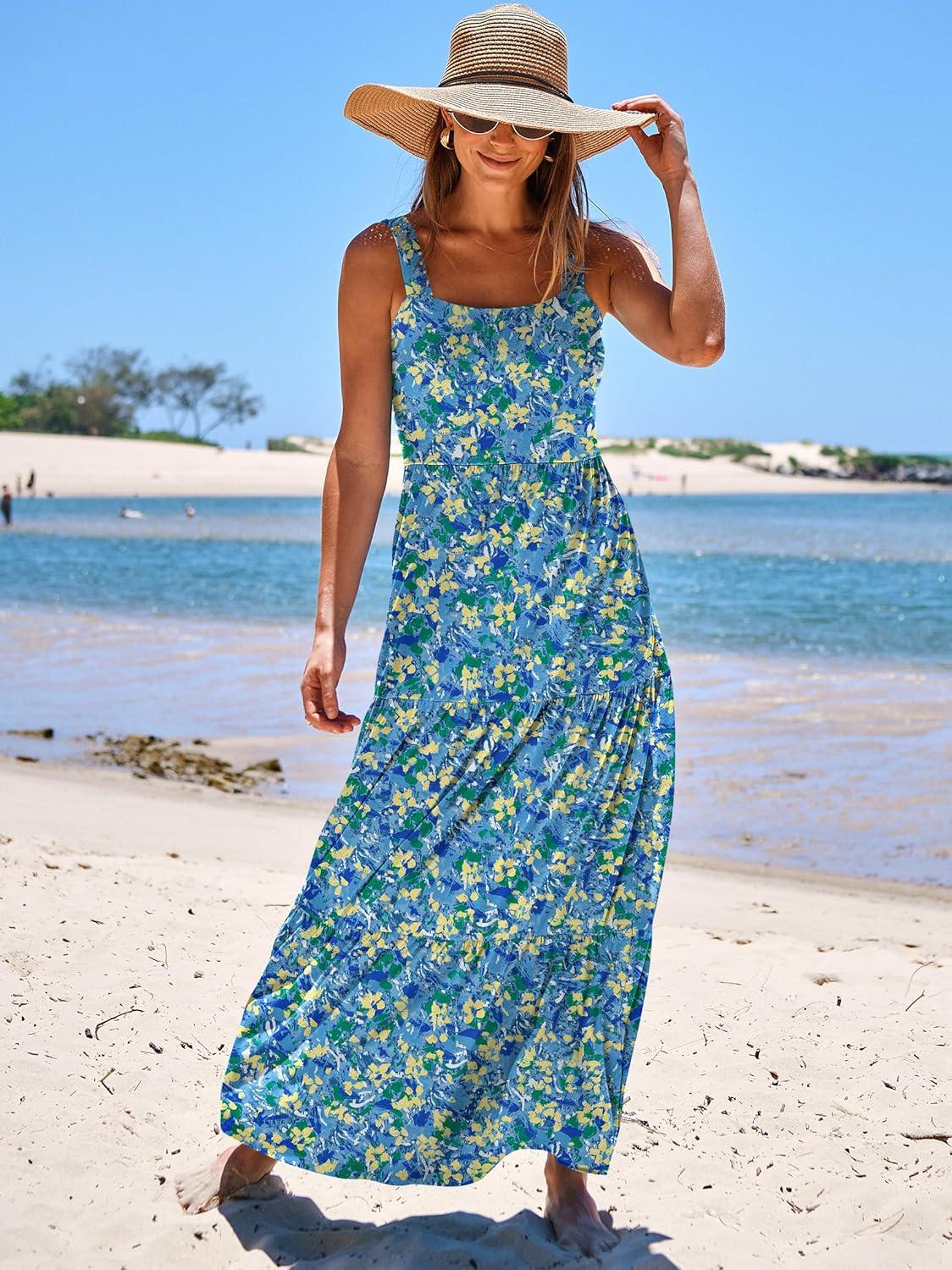 imageANRABESS Womens Summer Casual Long Maxi Beach Vacation Dresses Sleeveless Square Neck Flowy Tiered Sun Dress with PocketsBlue Yellow Green Floral