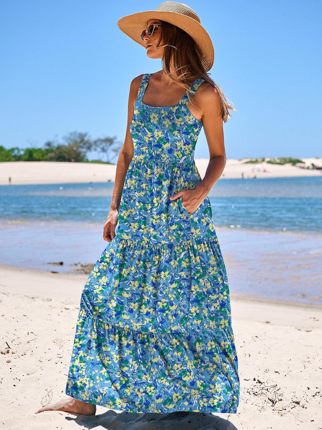 imageANRABESS Womens Summer Casual Long Maxi Beach Vacation Dresses Sleeveless Square Neck Flowy Tiered Sun Dress with PocketsBlue Yellow Green Floral
