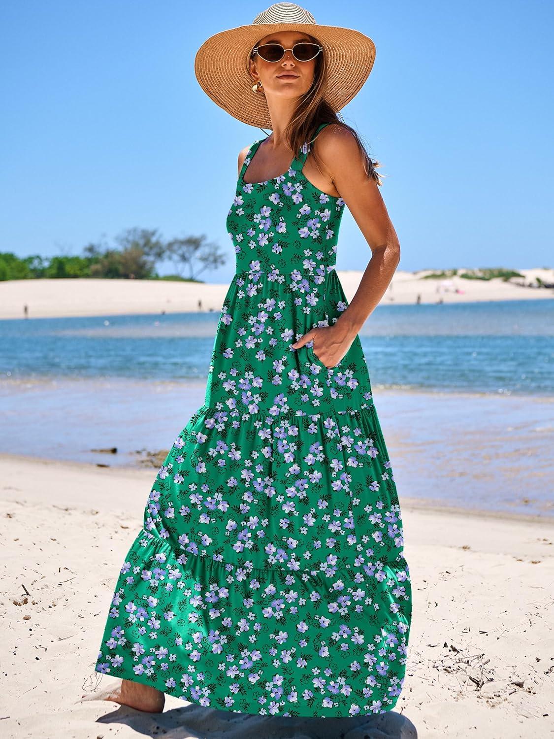 imageANRABESS Womens Summer Casual Long Maxi Beach Vacation Dresses Sleeveless Square Neck Flowy Tiered Sun Dress with PocketsGreen Purple Floral