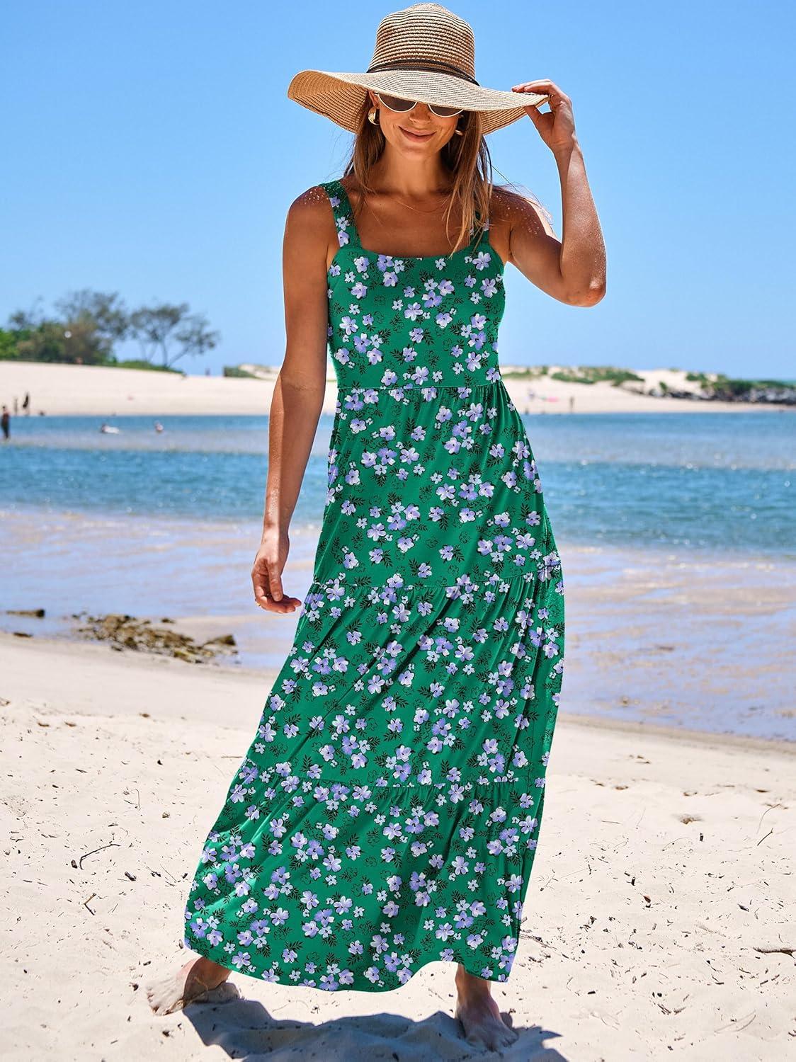 imageANRABESS Womens Summer Casual Long Maxi Beach Vacation Dresses Sleeveless Square Neck Flowy Tiered Sun Dress with PocketsGreen Purple Floral